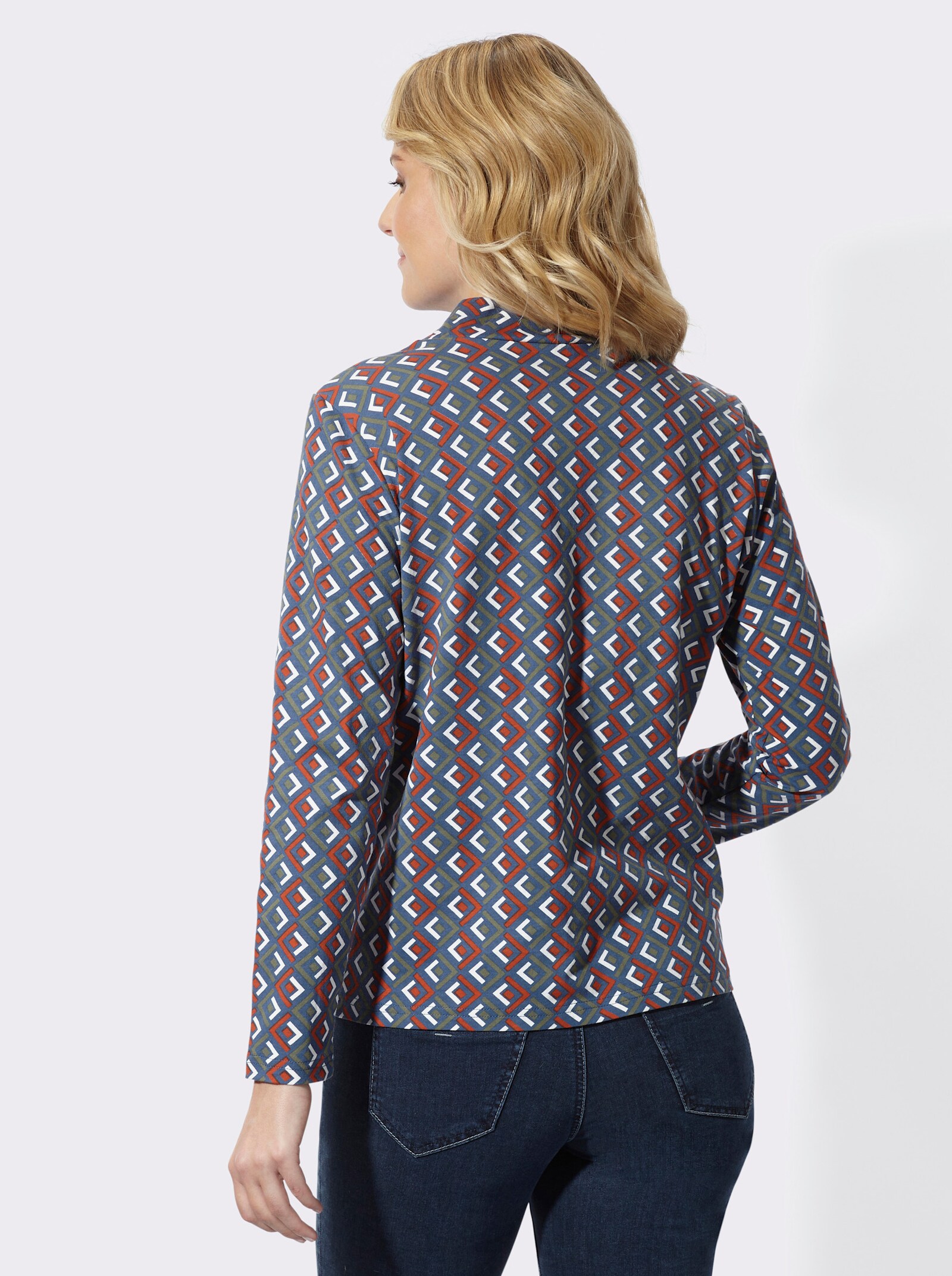 Stehkragenshirt mit Print - rauchblau-rostrot-bedruckt
