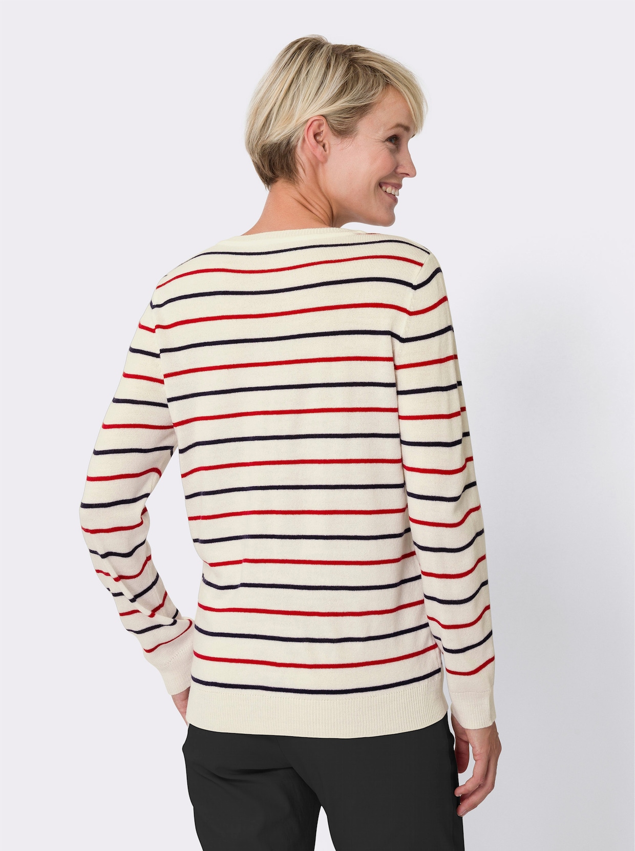 Pullover met V-hals - wit/rood gestreept