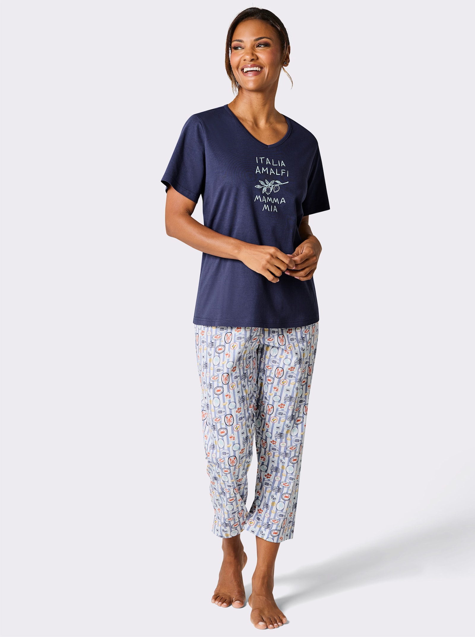 Comtessa Schlafanzug mit Caprihose - marine-hellblau-bedruckt