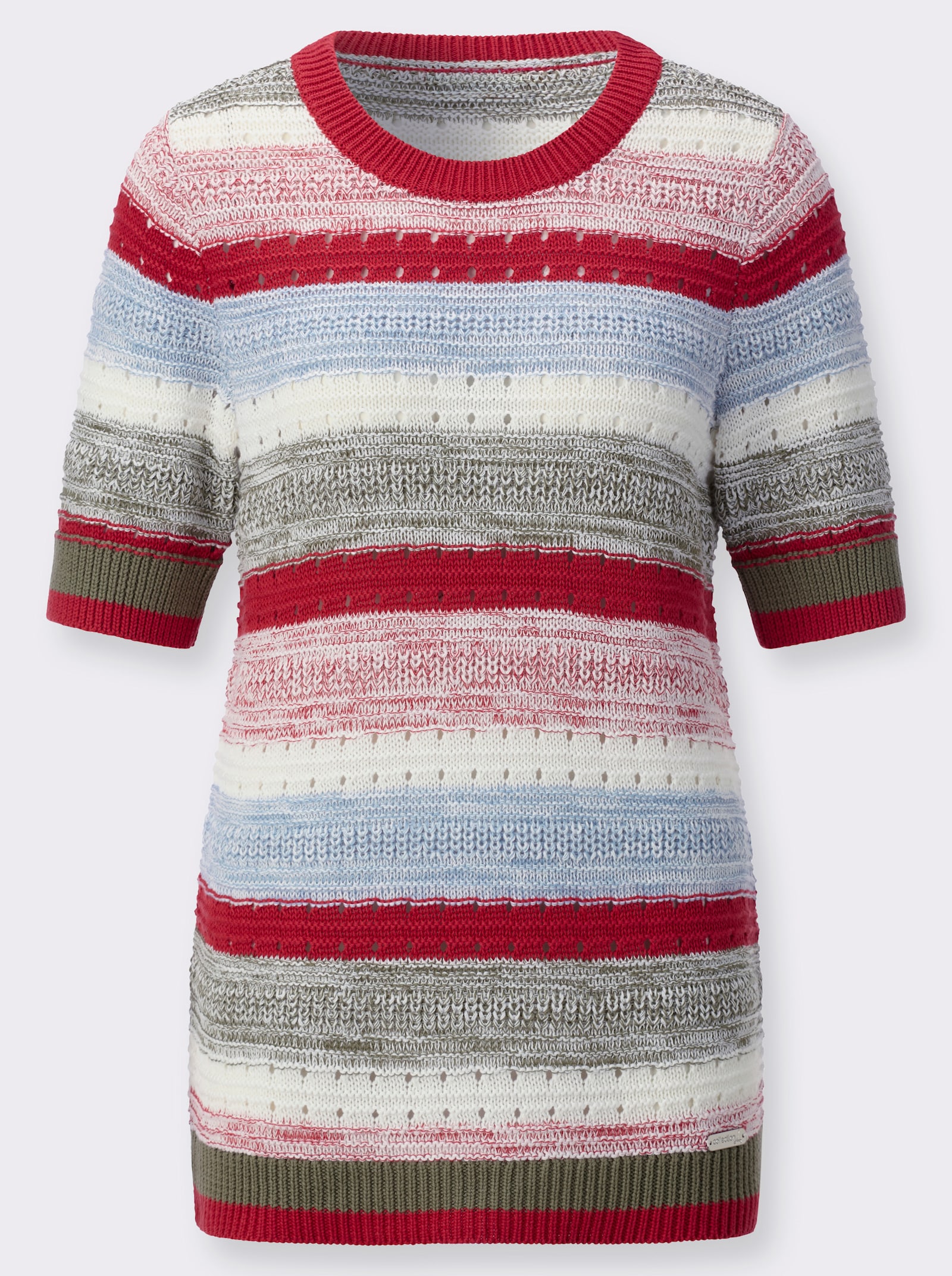 Kurzarmpullover mit Strickmuster rundum - erdbeere-ecru-geringelt