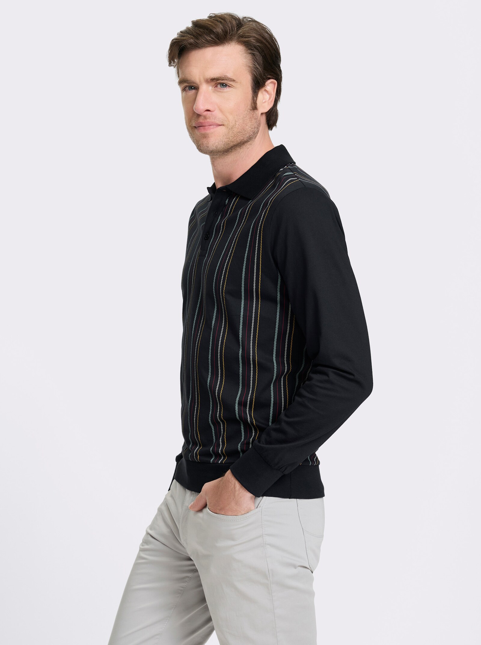 Marco Donati Langarm-Poloshirt mit Knopfleiste - schwarz-gestreift