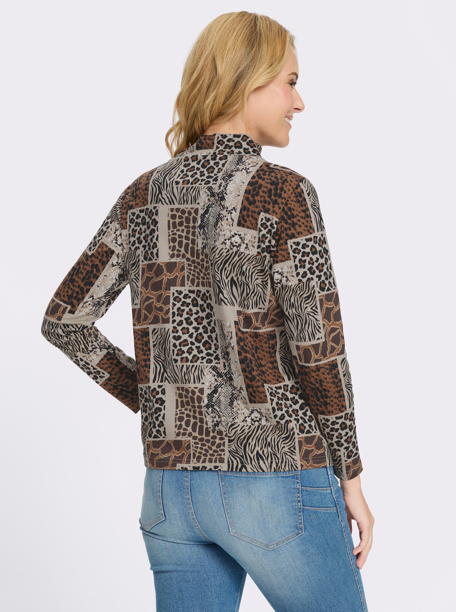 Stehkragenshirt mit Patchwork-Animal-Print - beige-schwarz-bedruckt
