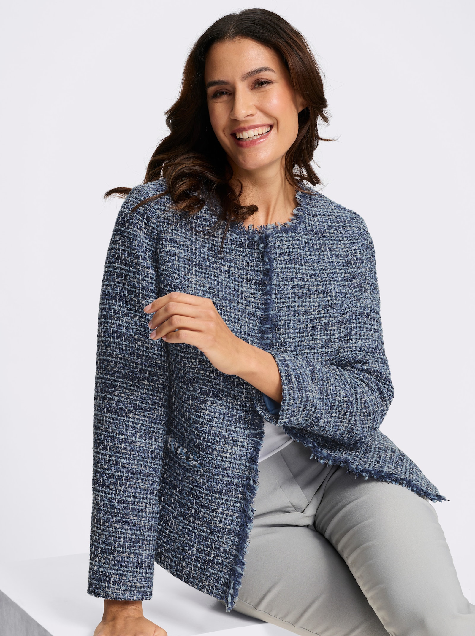 Bouclé-Blazer mit Fransenkante - marine-eisblau-meliert