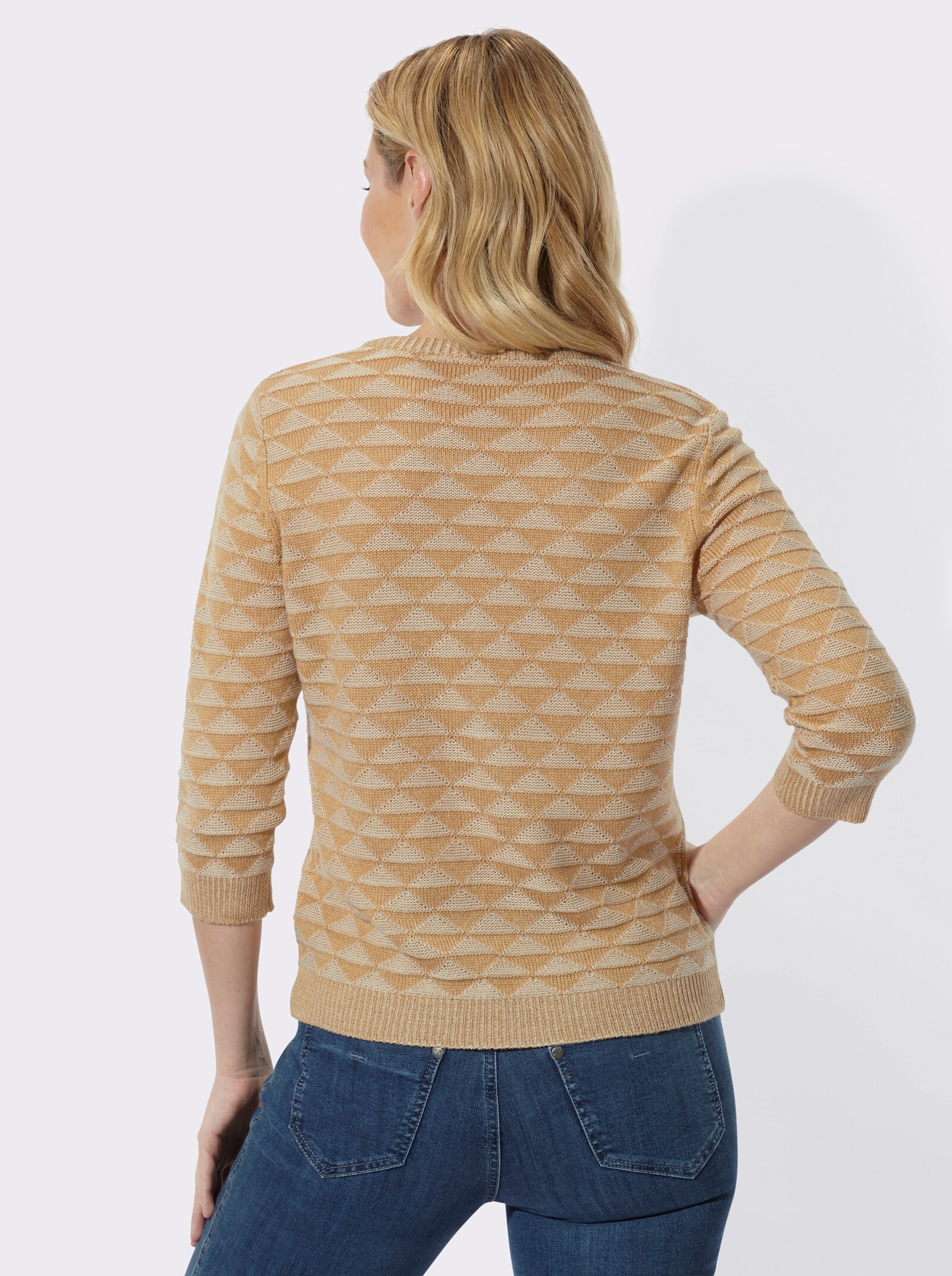 V-Ausschnitt-Pullover mit Strickmuster - camel-ecru-gemustert