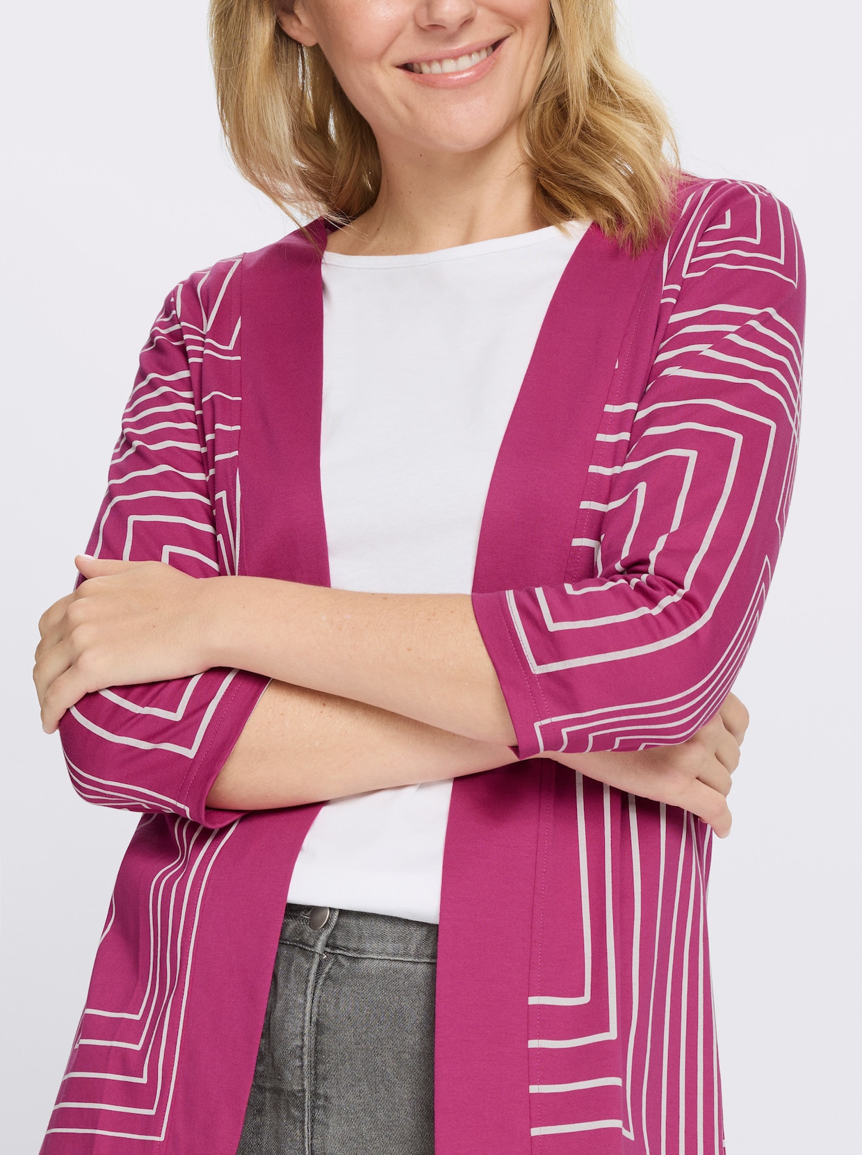 Shirtjacke in grafischem Dessin - magenta-ecru-bedruckt