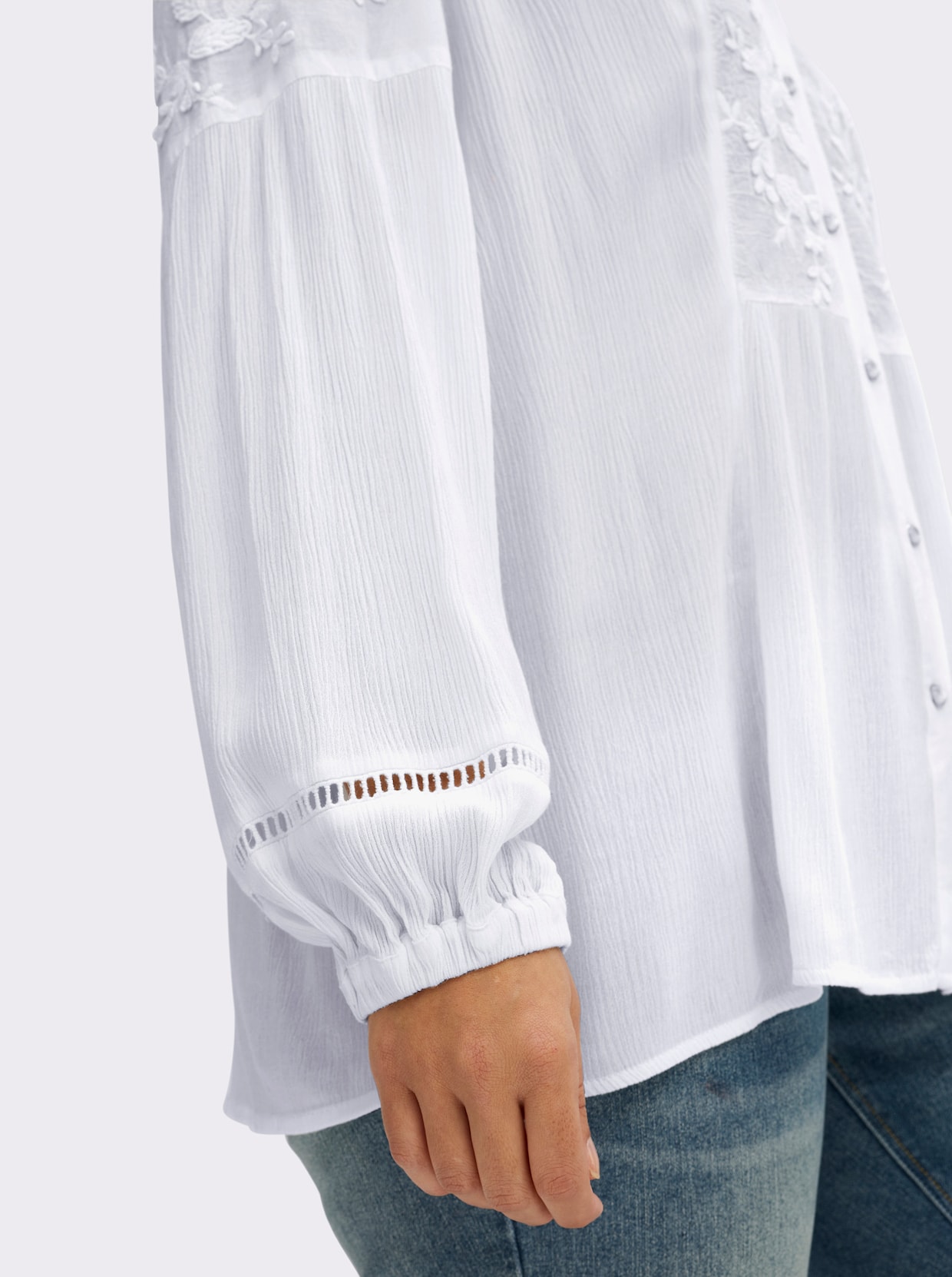 sheego by Joe Browns Bluse mit Stehkragen und Blüten-Stickereien - weiss