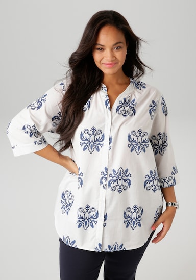 Aniston PLUS Longbluse - weiß-marine-blau