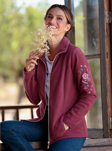 Fleecejacke mit Blütenstickerei - bordeaux