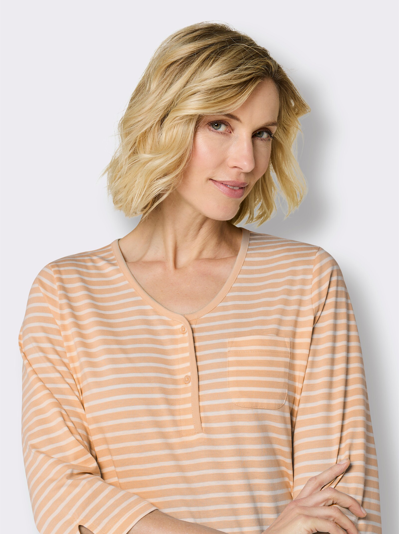 wäschepur Schlafshirt mit Seitenschlitzen - apricot-weiß-geringelt