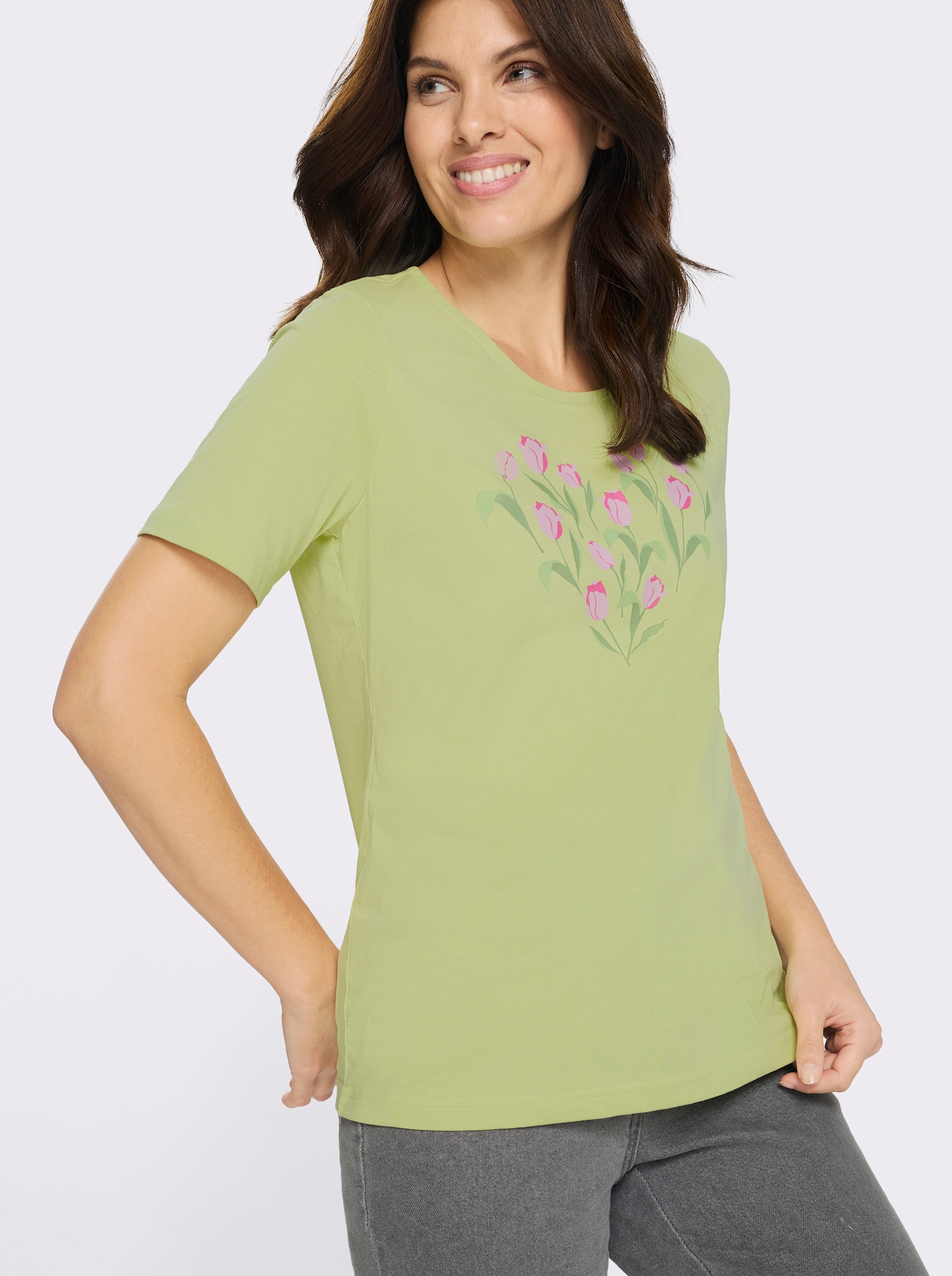 Kurzarmshirt mit platziertem Tulpen-Druck - pistazie-fuchsia
