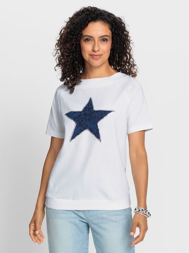 Kurzarmshirt mit Stern-Motiv - weiß-mittelblau-bedruckt