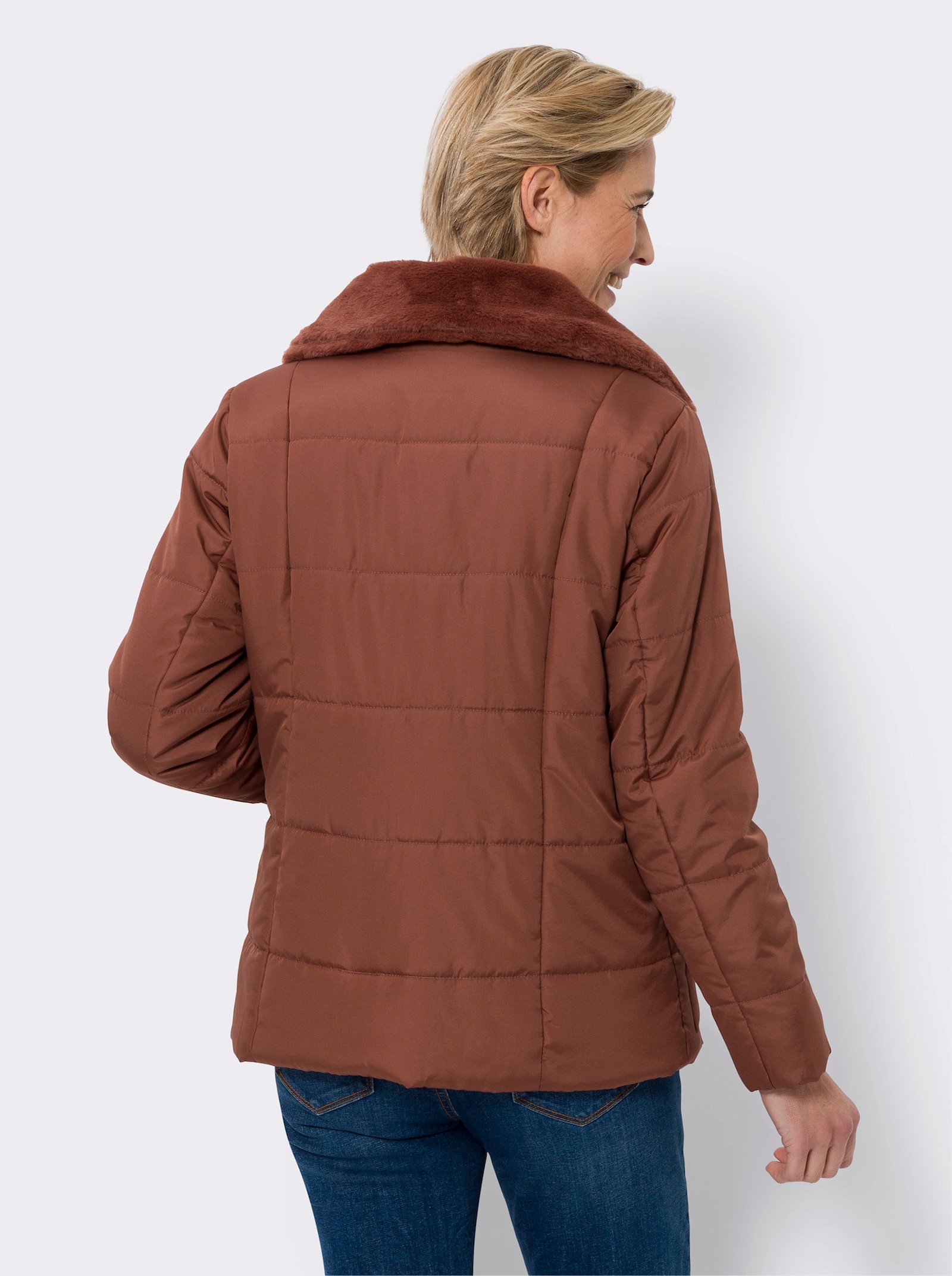 Steppjacke mit Pelz-Imitat-Details - rotbraun