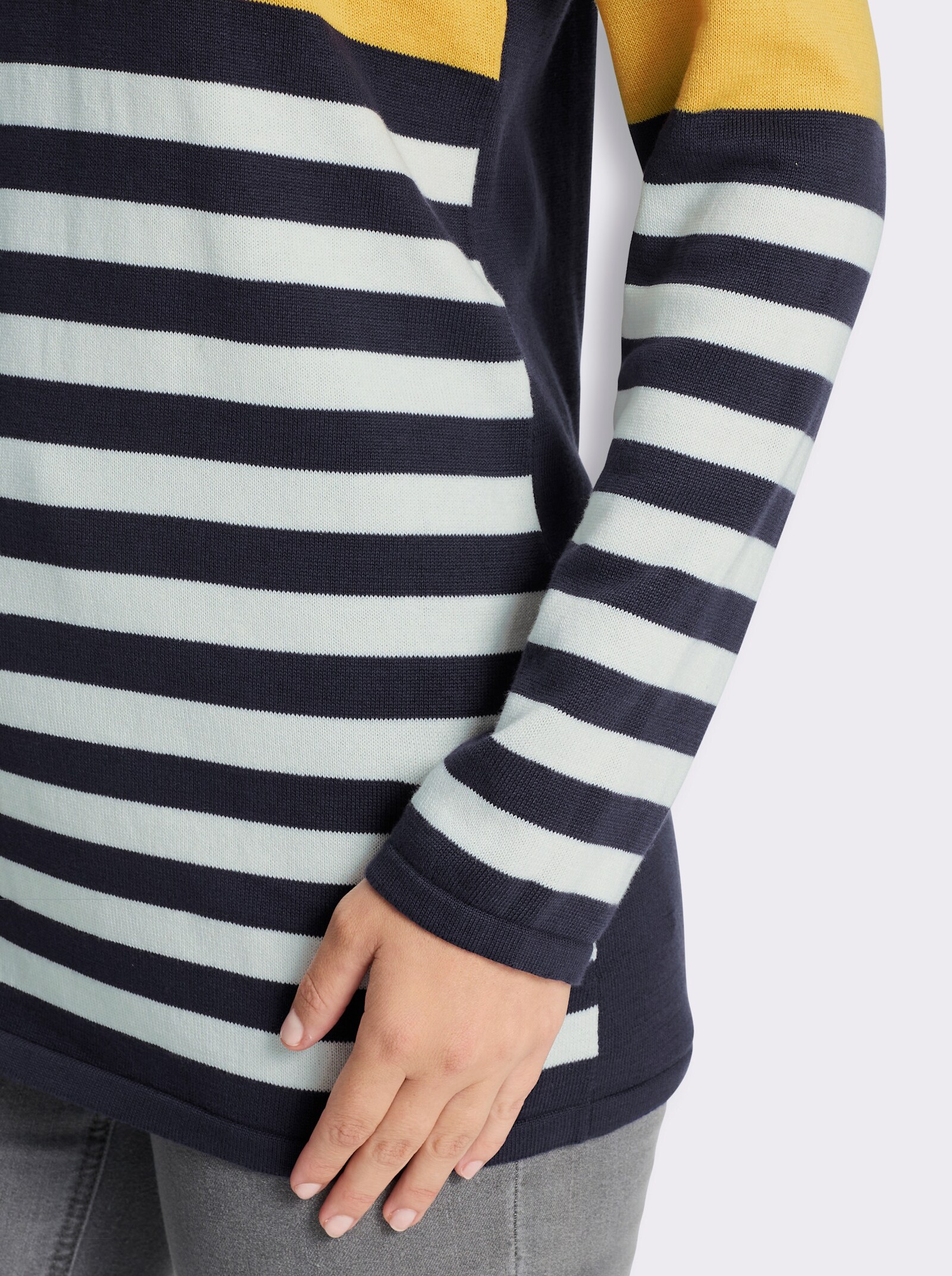 Longpullover mit Streifen-Muster vorne - gelb-marine-geringelt