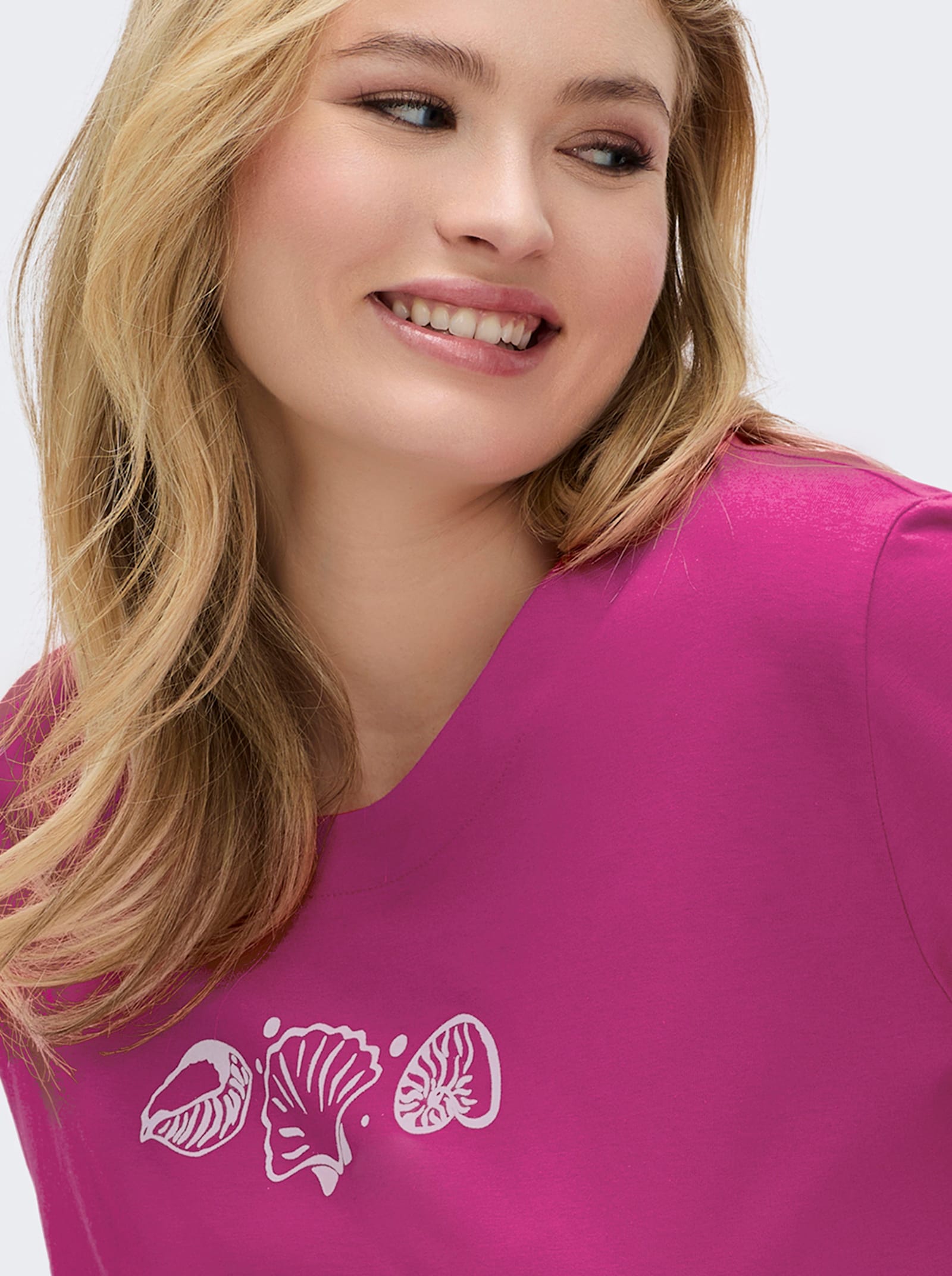 Kurzarmshirt mit Muschel-Druck - fuchsia
