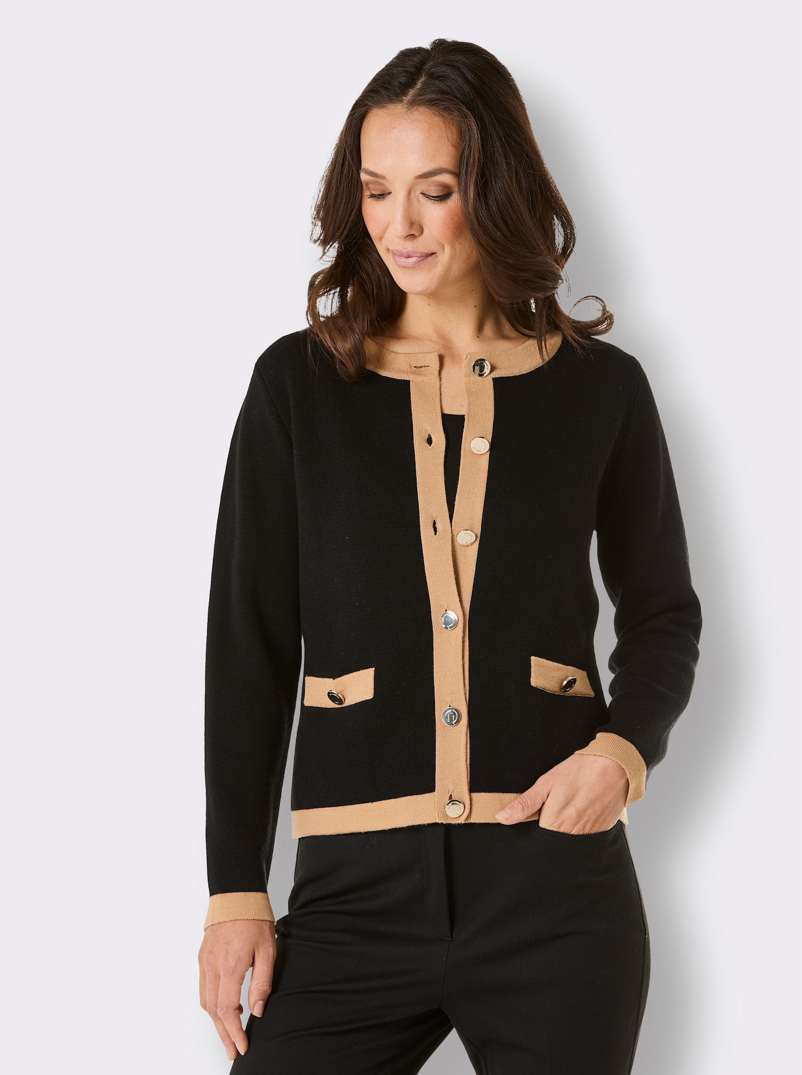 CREATION L PREMIUM Feinstrickjacke in Merino-Qualität - schwarz-camel-gemustert