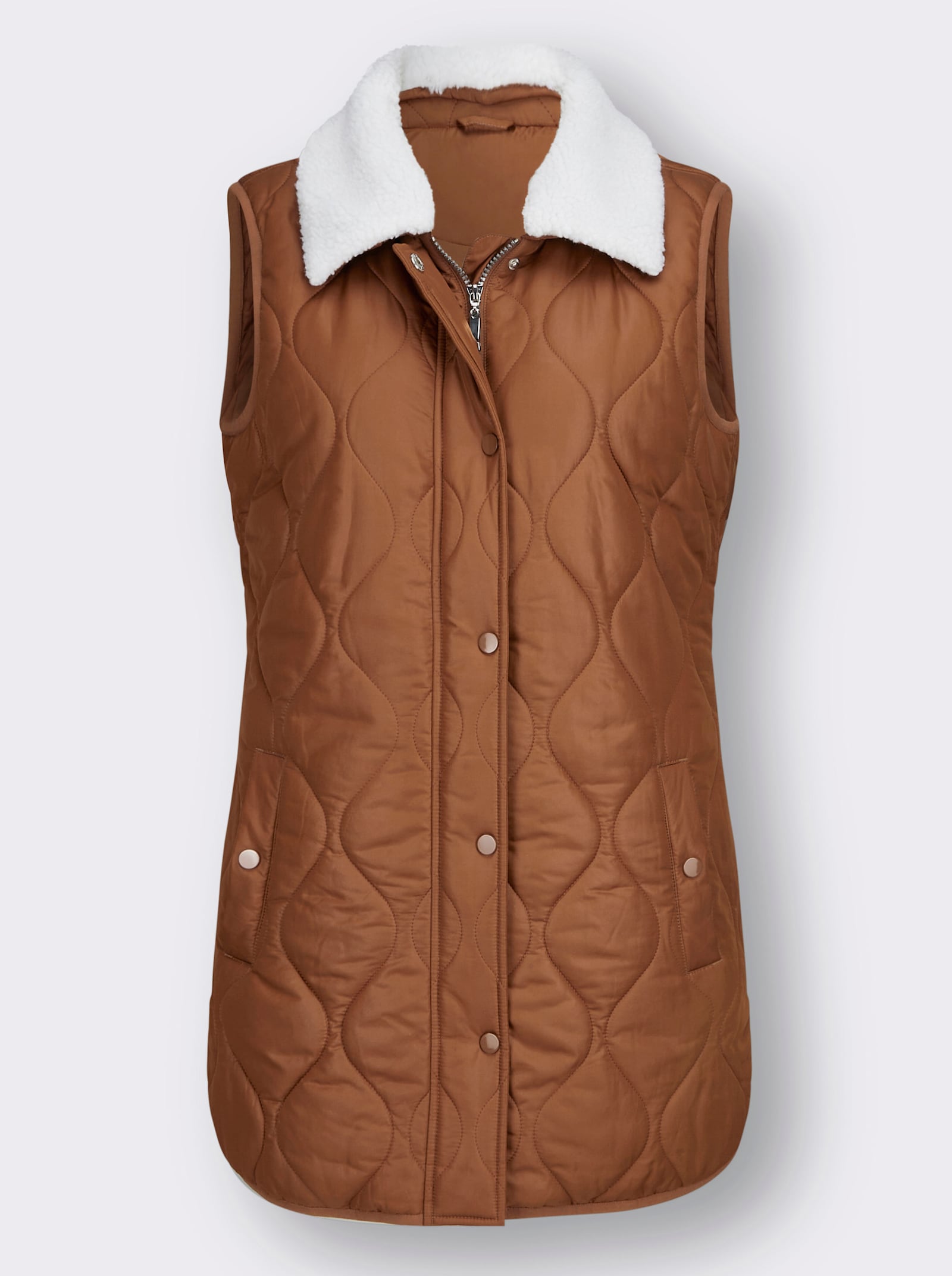 Longweste mit abnehmbarem Teddyfleece-Futter am Kragen - cognac