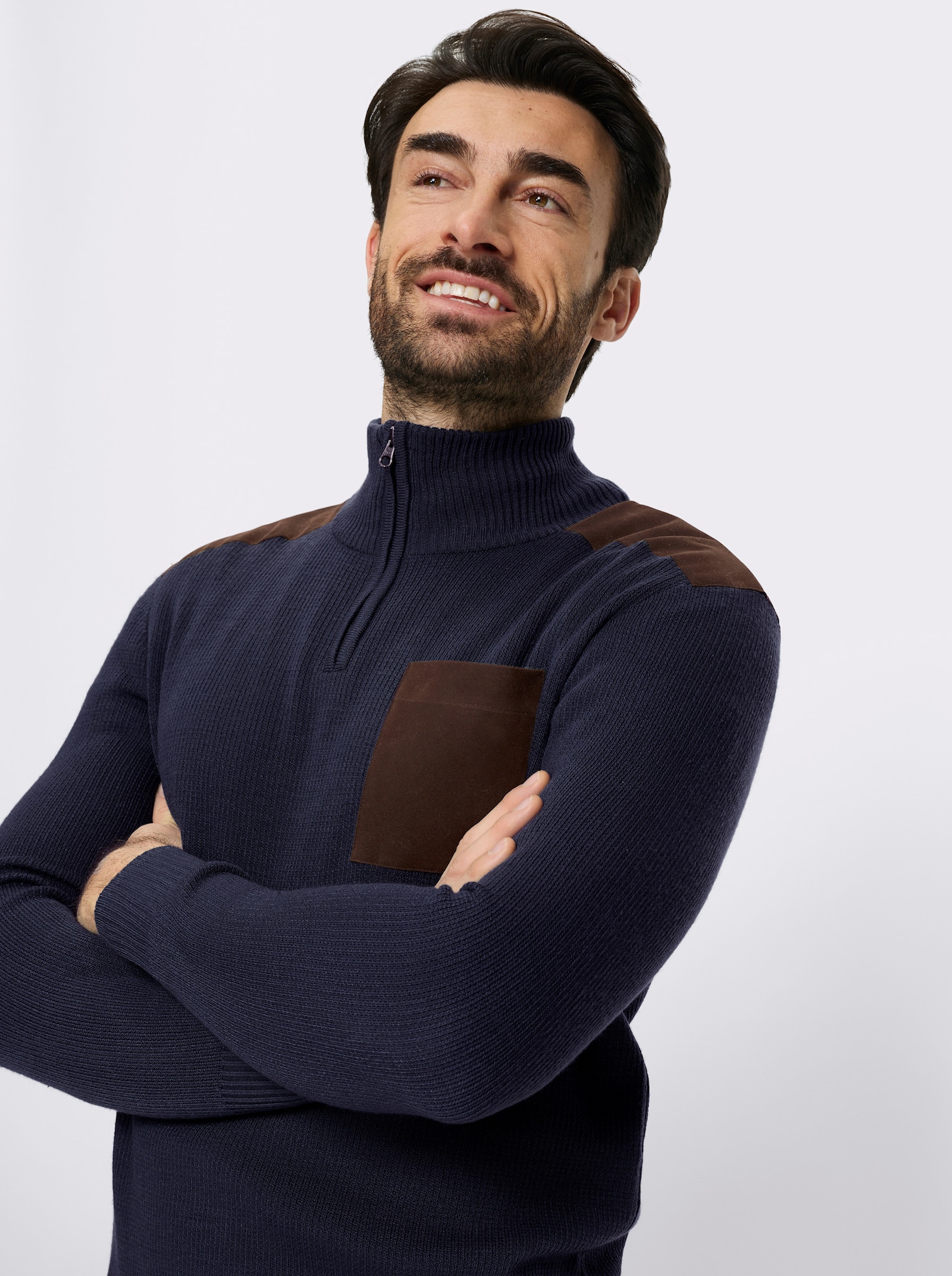 Catamaran Langarm-Pullover mit Kontrast-Details - marine-rauchblau-meliert