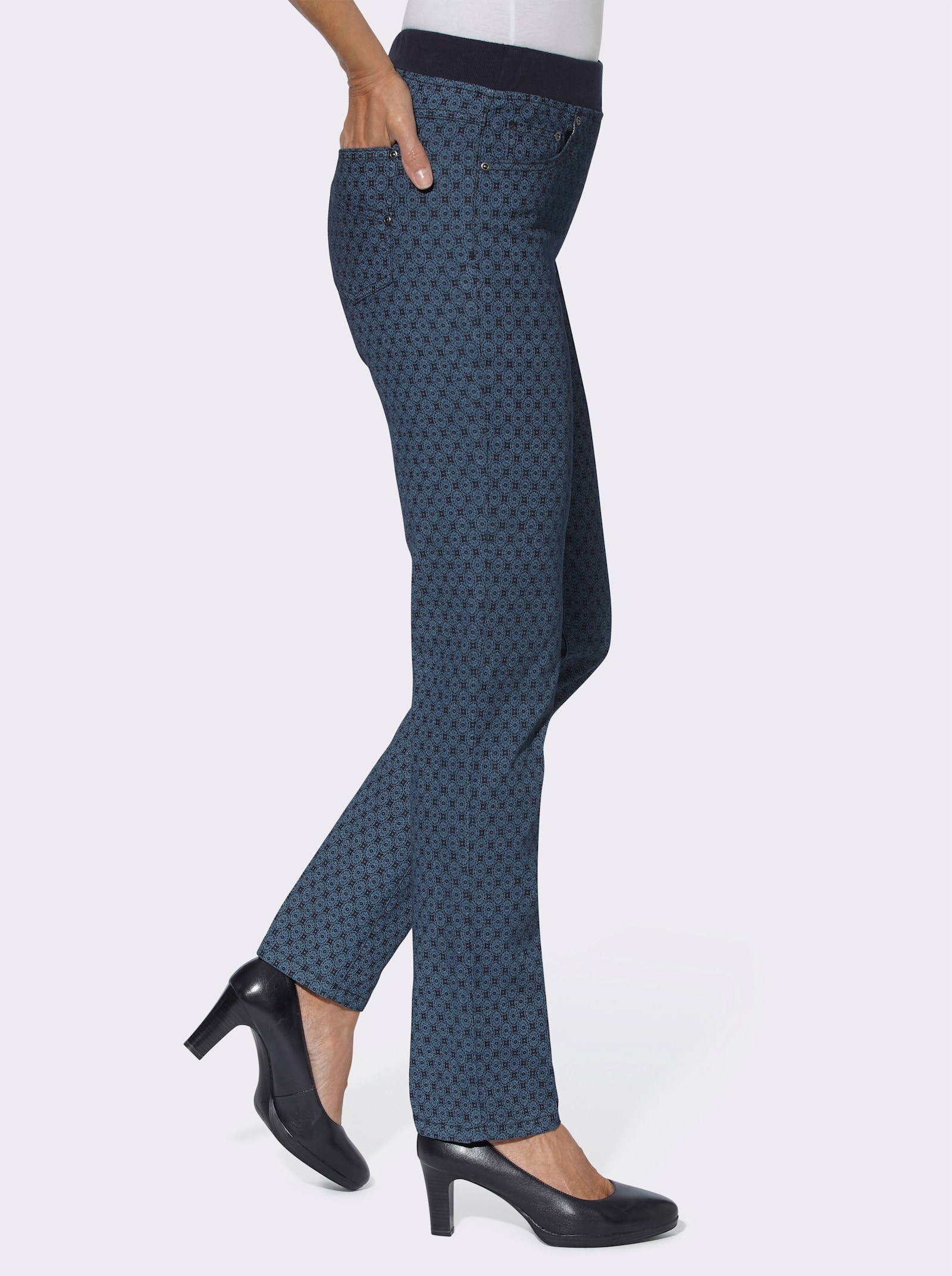 Schlupfjeans mit geripptem Strick-Dehnbund - dark blue-bedruckt