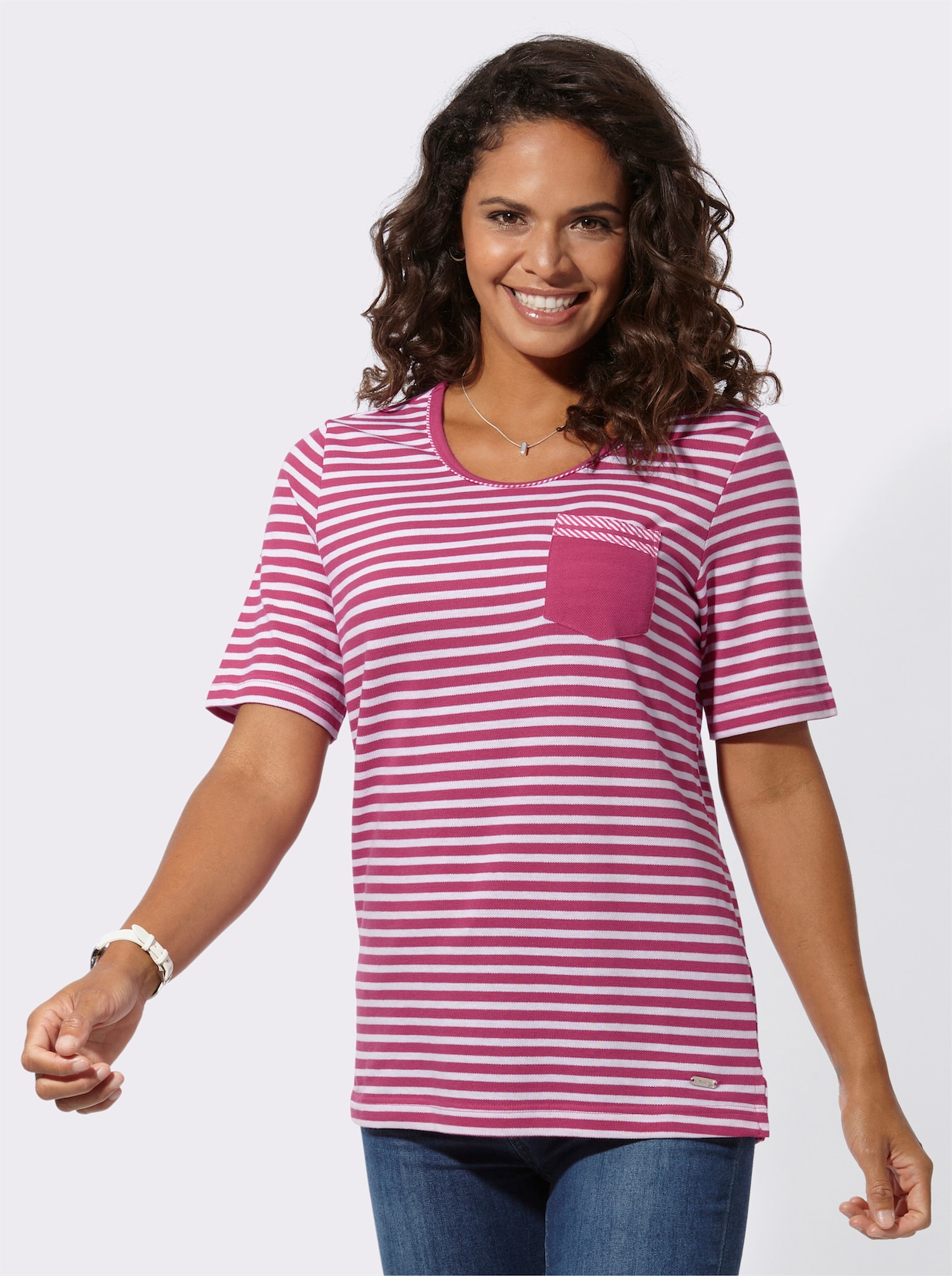 Streepjesshirt - fuchsia/wit gestreept