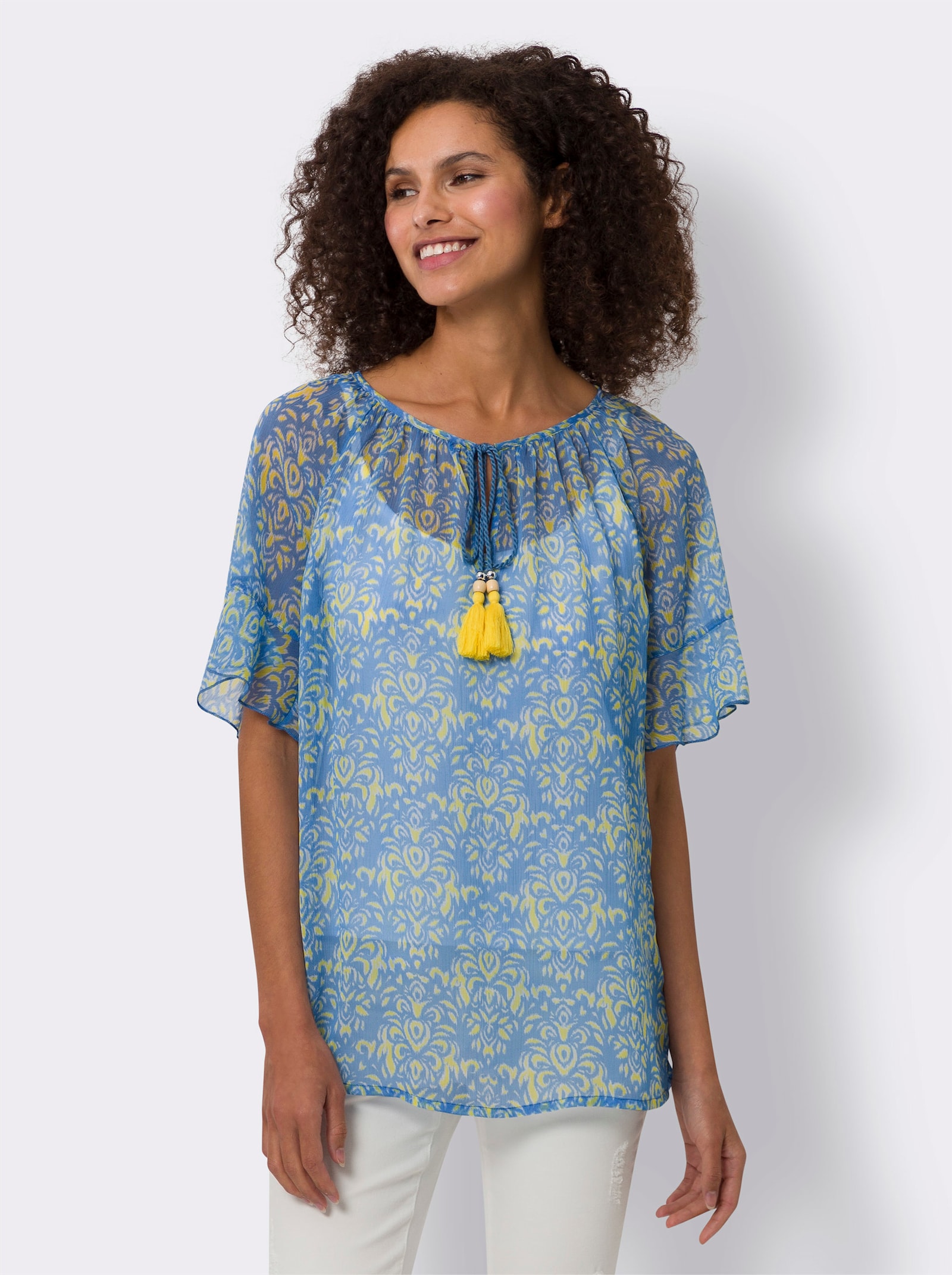 heine Chiffonbluse mit Ornamentmuster - himmelblau-limone-bedruckt