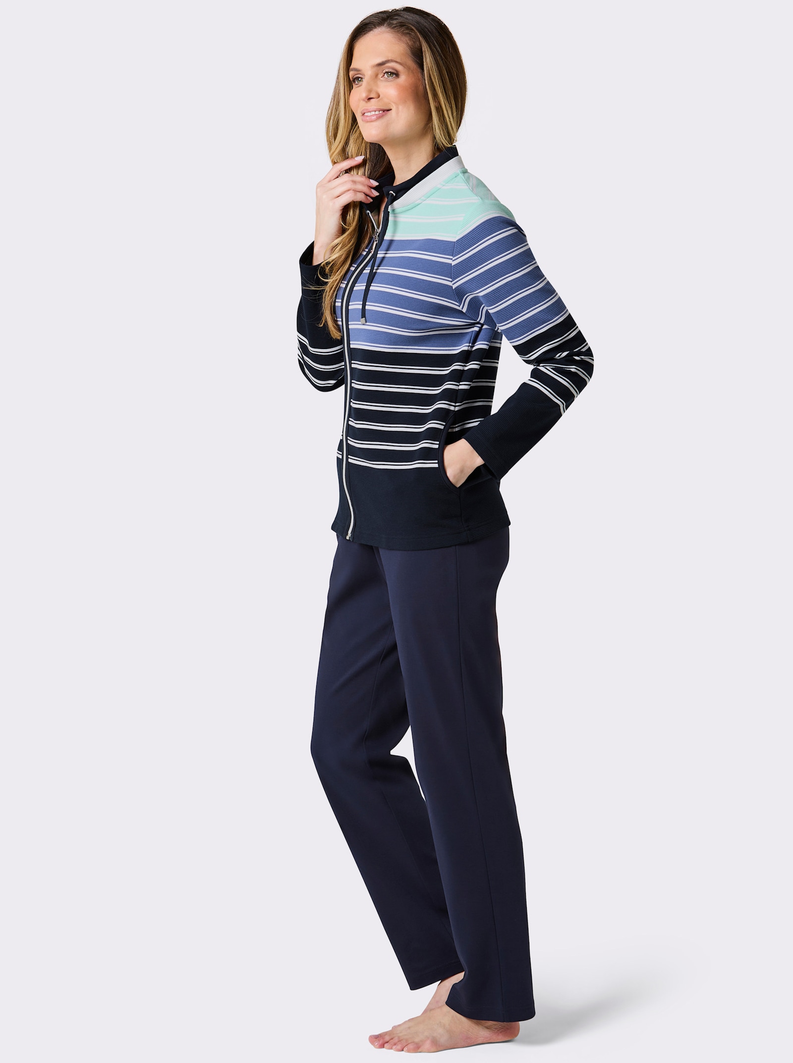 Hajo Hausanzug in atmungsaktiver Qualität - marine-jeansblau-geringelt