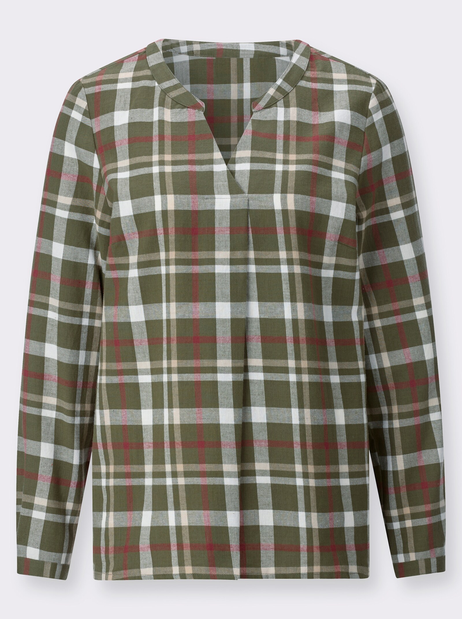Flanellbluse aus reiner Baumwolle - oliv-rotbraun-kariert