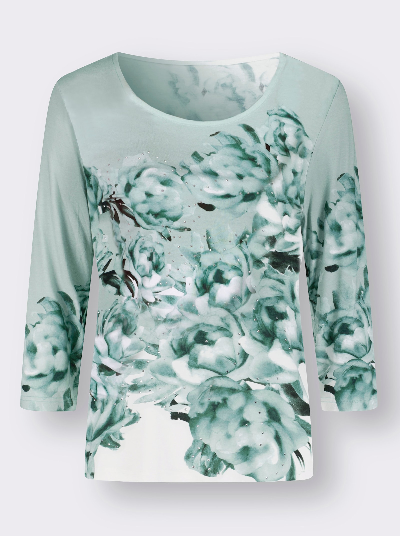 3/4-Arm-Shirt mit Glitzersteinchen - weiß-kalkmint-bedruckt