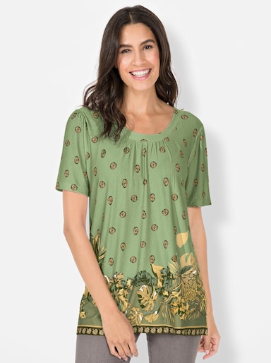Tunikashirt mit Raffung am Ausschnitt - pistazie-bedruckt
