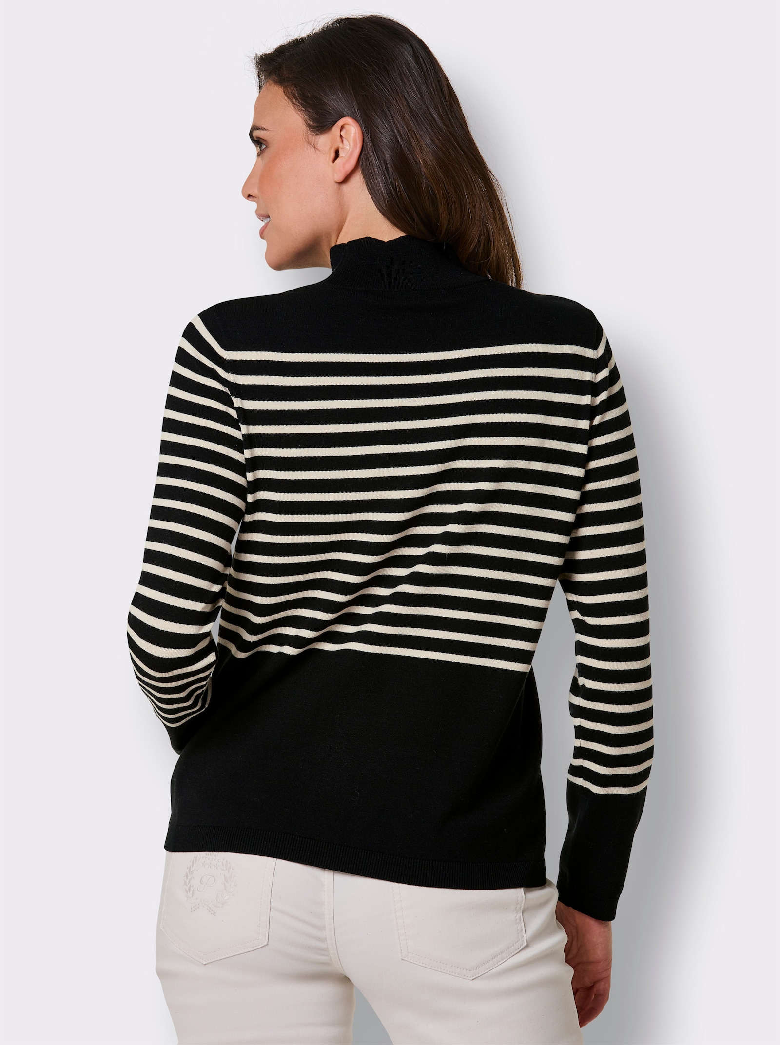 CREATION L PREMIUM Feinstrickpullover mit Wellenkante - schwarz-elfenbein-geringelt