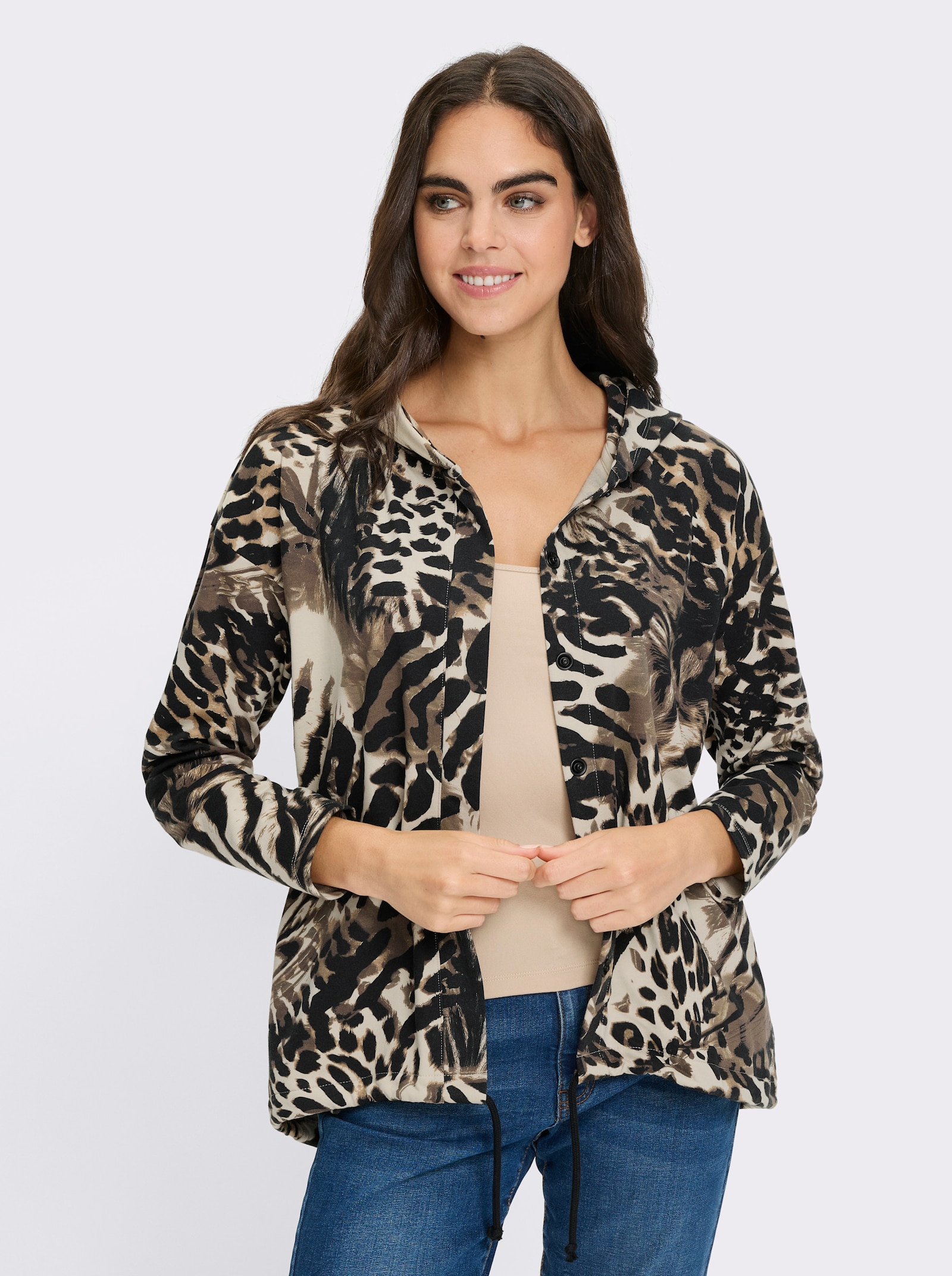 heine Shirtjasje met tunnelkoord in de zoom - zwart/zand geprint