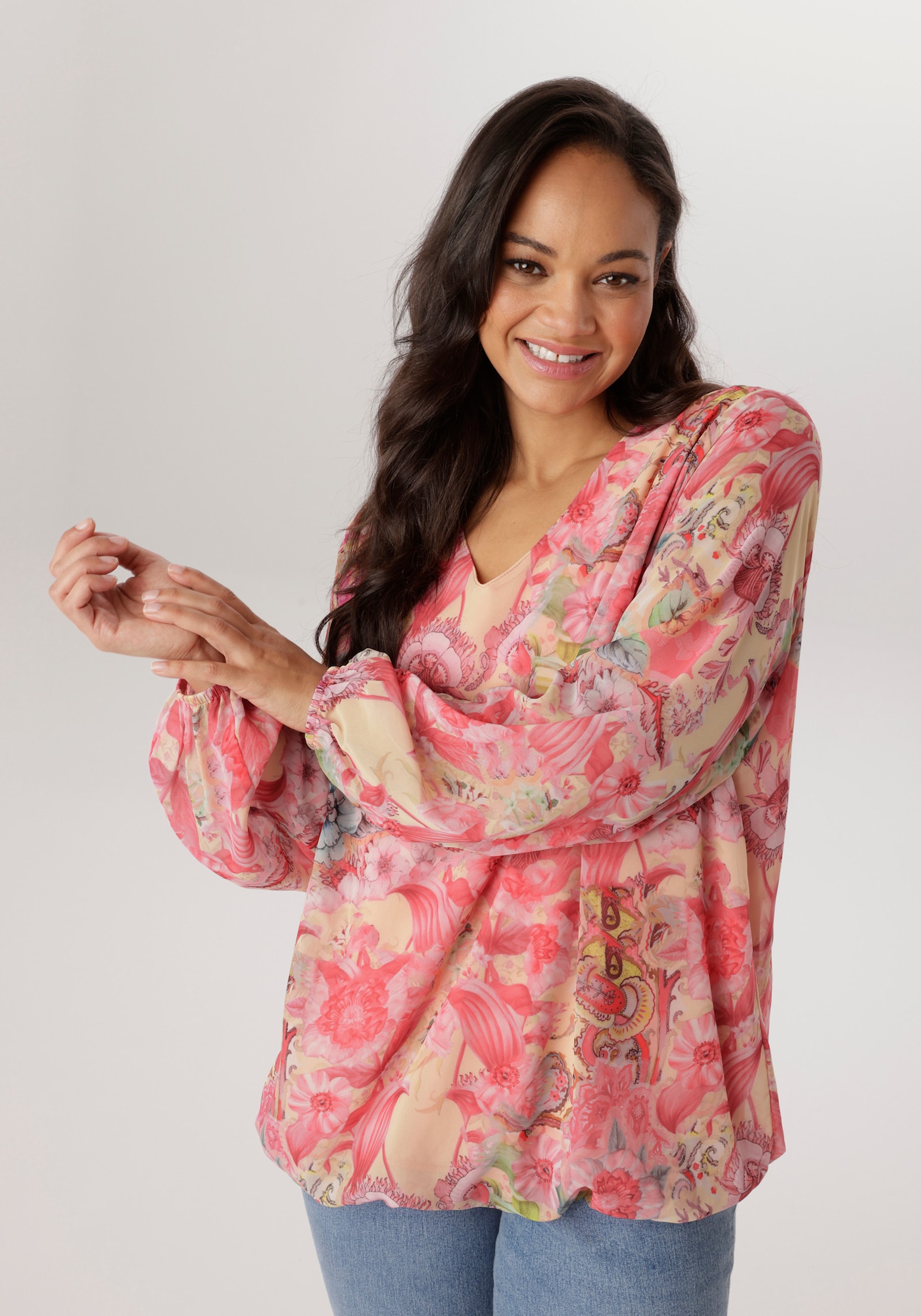 Aniston PLUS Schlupfbluse - gelb-rose-pink