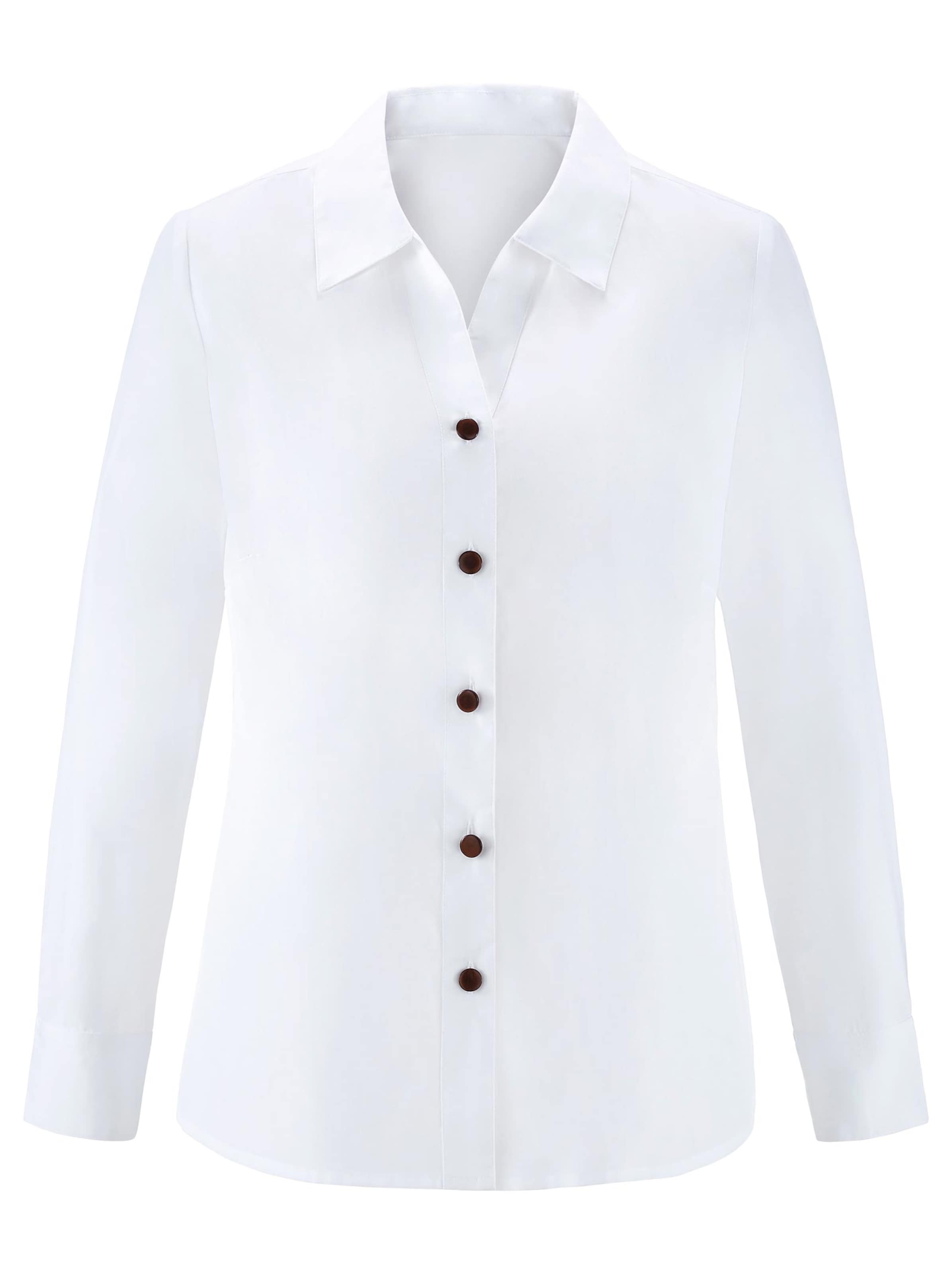 Die Kleine günstig Kaufen-Klassische Bluse in weiß von heine. Klassische Bluse in weiß von heine <![CDATA[Die gehört in jeden Kleiderschrank! Kombistarke Bluse mit Hemdkragen, kleinem V und langen Ärmeln mit Knopfmanschette. Die kontrastfarbenen Knöpfe setzen Akzente.