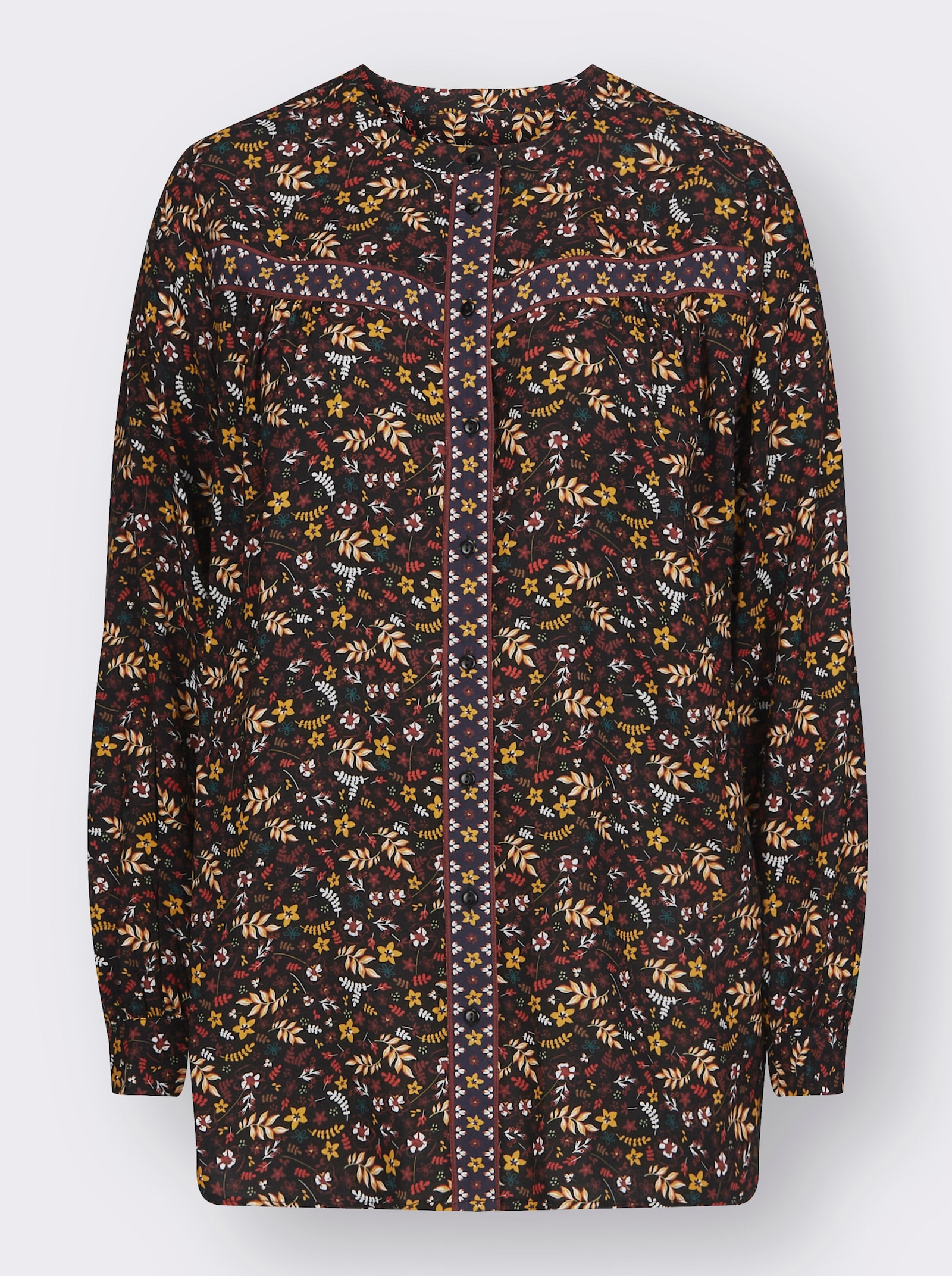 Tunika im Millefleurs-Muster - schwarz-rotbraun-bedruckt
