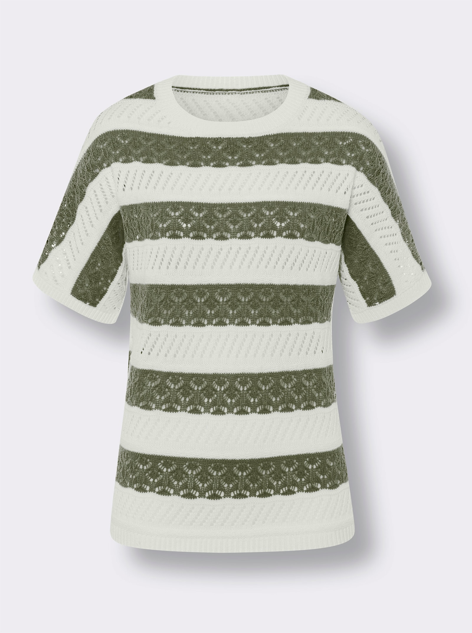 Randig tröja med hålmönster - khaki-gräddvit