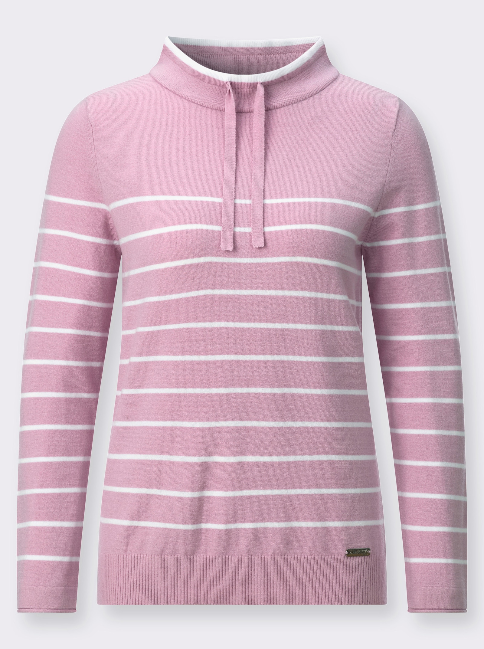 Stehkragenpullover mit sportiven Details - rosé-ecru-geringelt