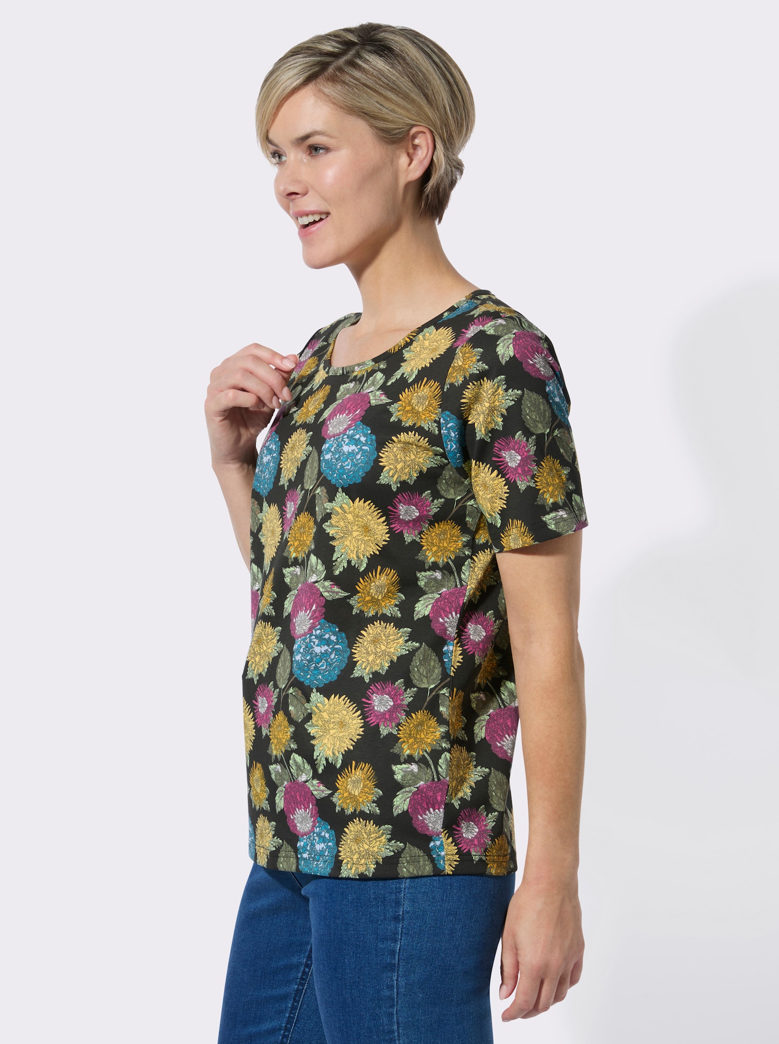 Print-Shirt mit floralem Muster - schwarz-gelb-bedruckt