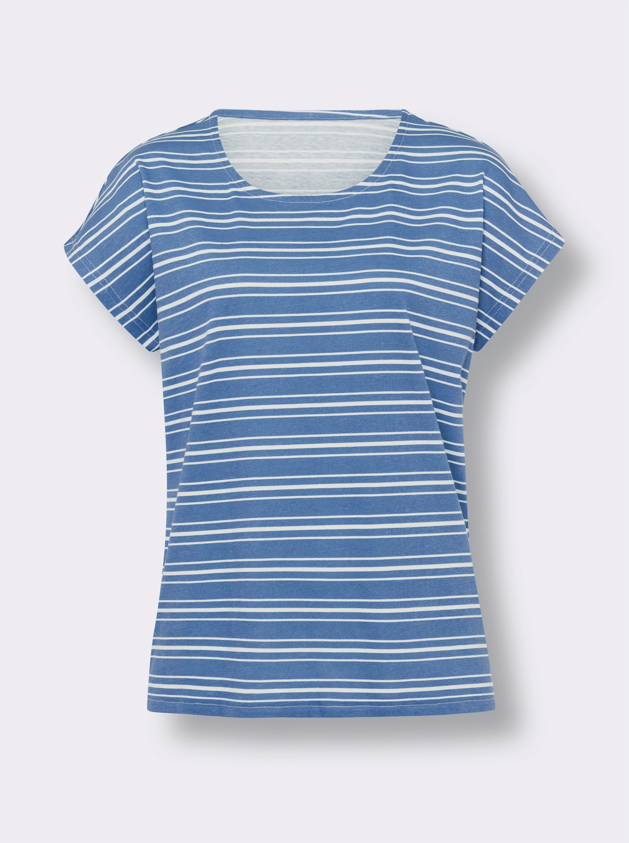 Rundhalsshirt - mittelblau-ecru-geringelt