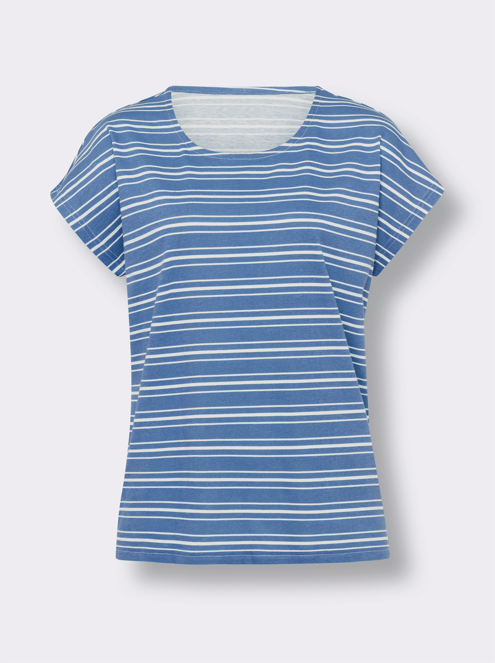 Rundhalsshirt im Ringel-Dessin - mittelblau-ecru-geringelt