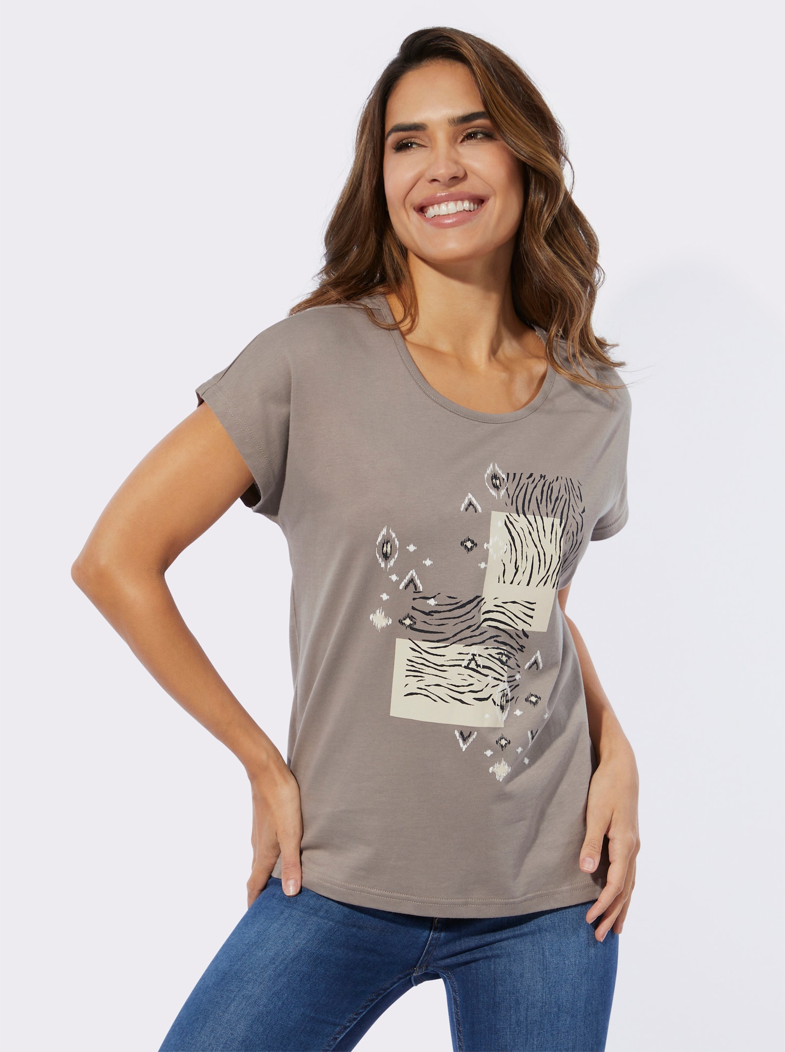 Shirt met ronde hals in etnostijl - taupe/zwart geprint