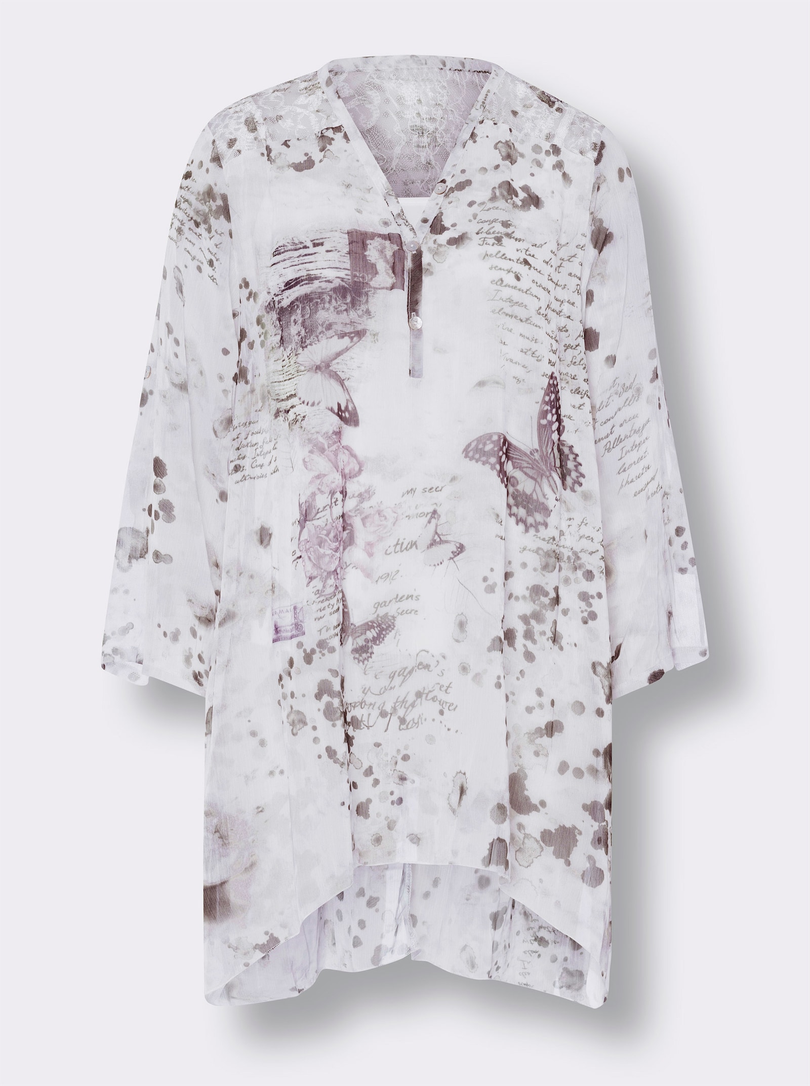 heine Longbluse mit rückwärtigem Spitzeneinsatz - ecru-oliv-bedruckt