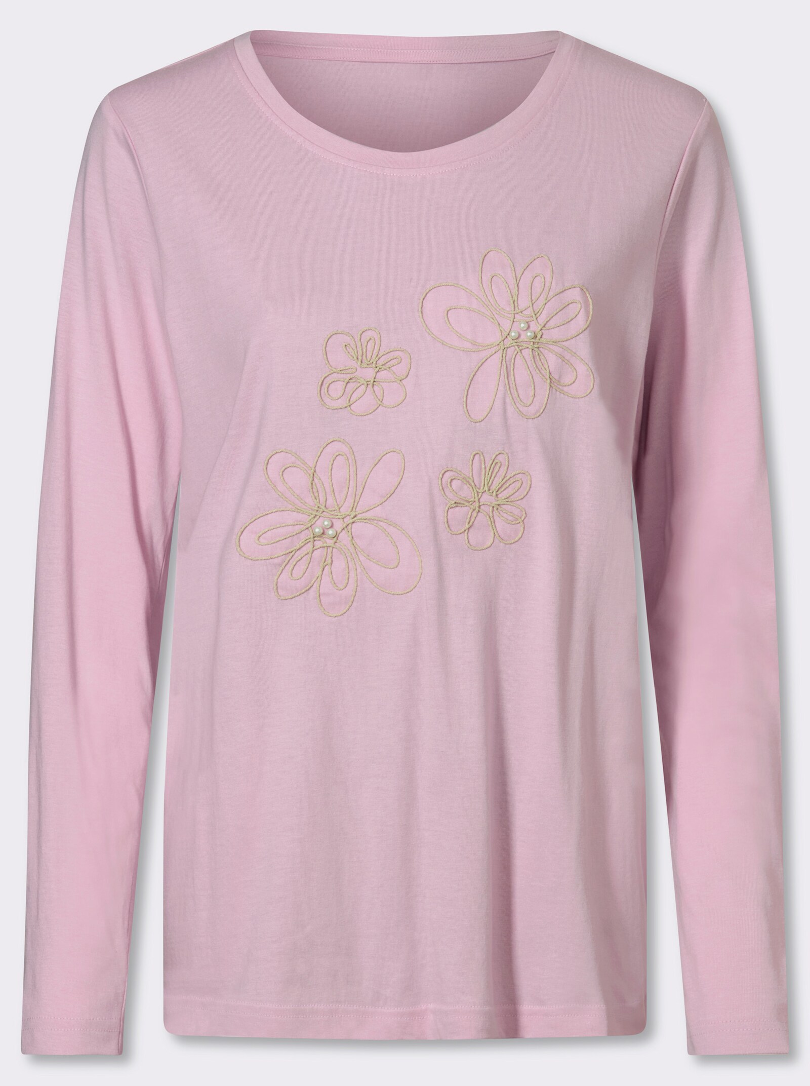 Langarmshirt mit Kordelstickerei und Zierperlen - rosé