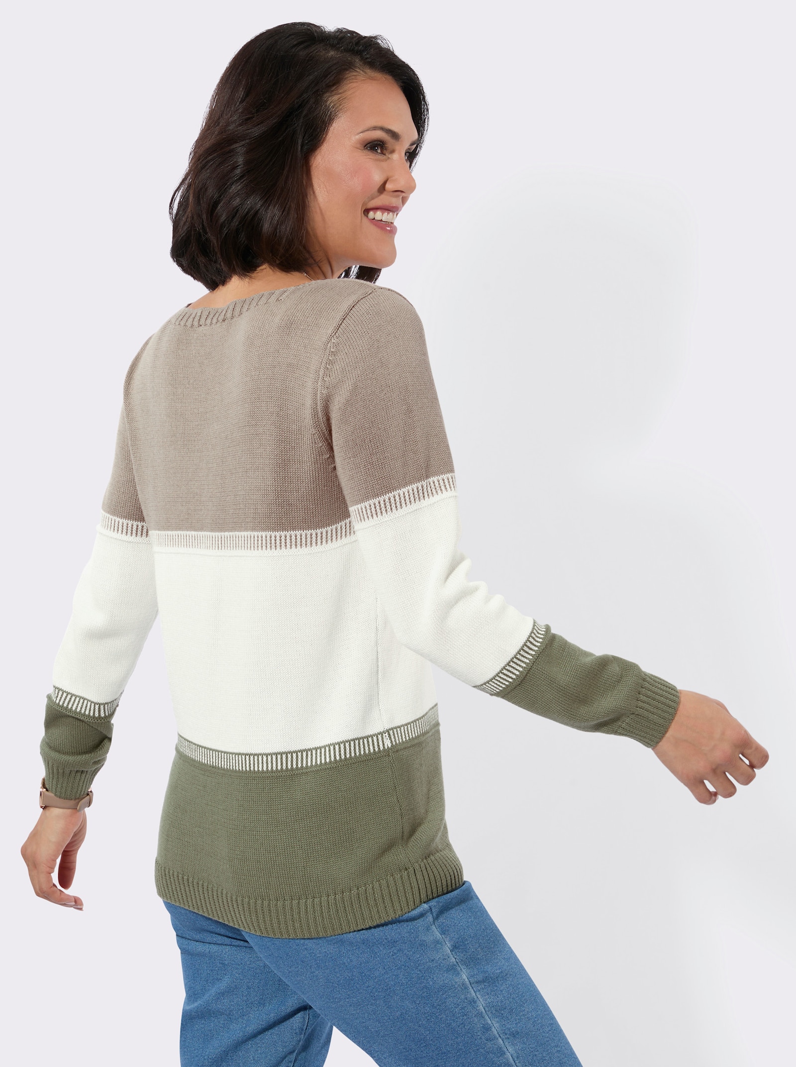 Rundhalspullover im Blockstreifenmuster - khaki-ecru-gemustert