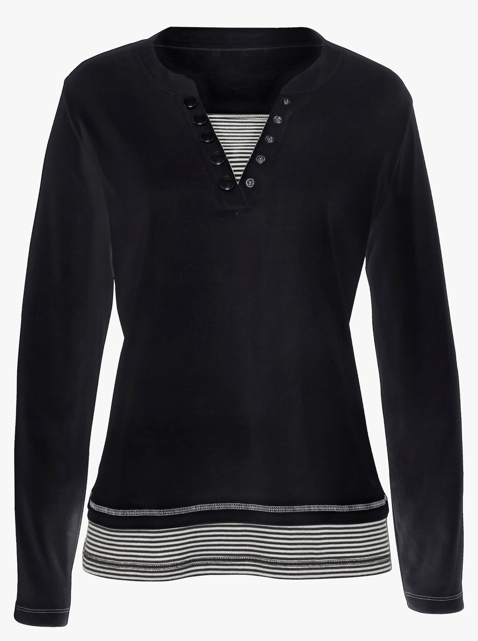 Rundhalsshirt mit gestreiften Einsätzen - schwarz-ecru-geringelt