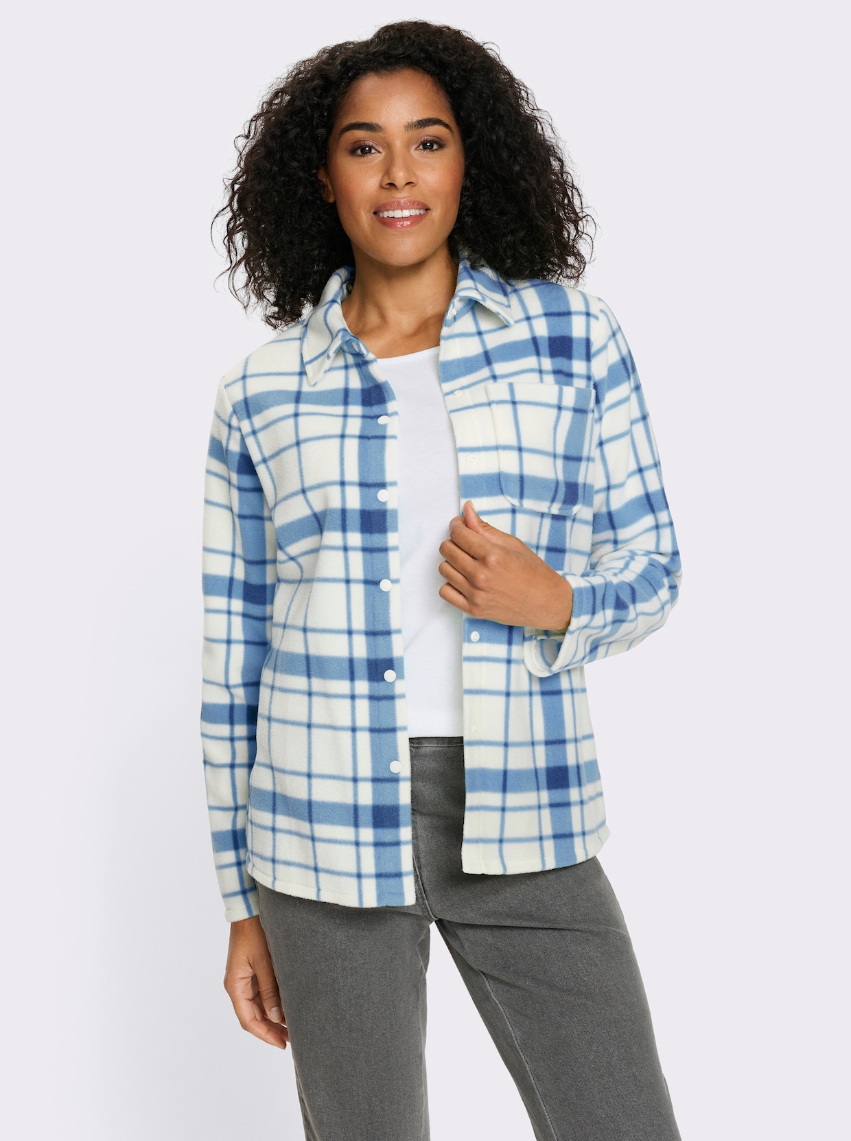 Fleecejacke mit längerem Saum im Rückteil - eisblau-champagner-kariert