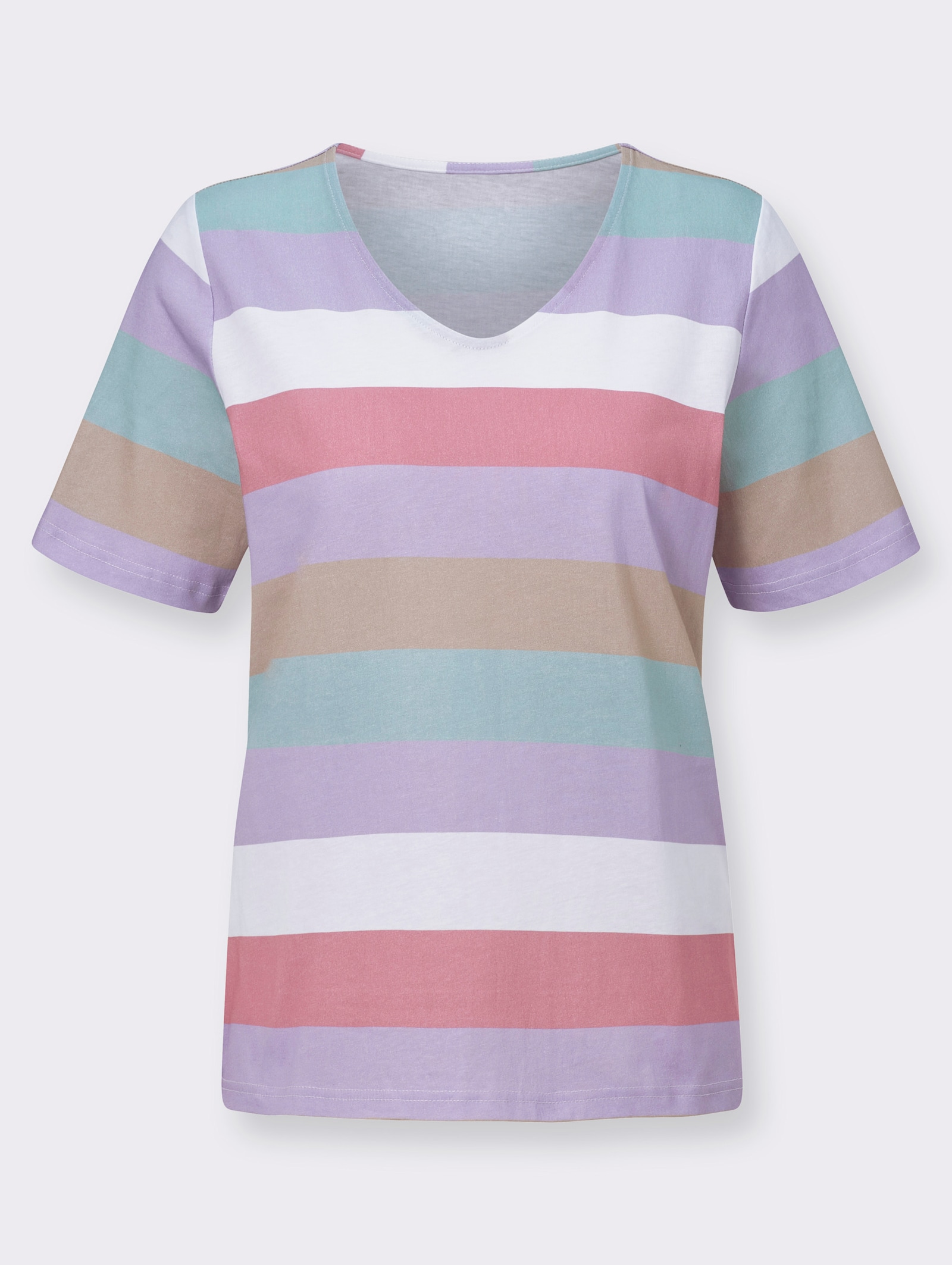 Gestreept shirt met afgeronde V-hals - lila/flamingo gestreept