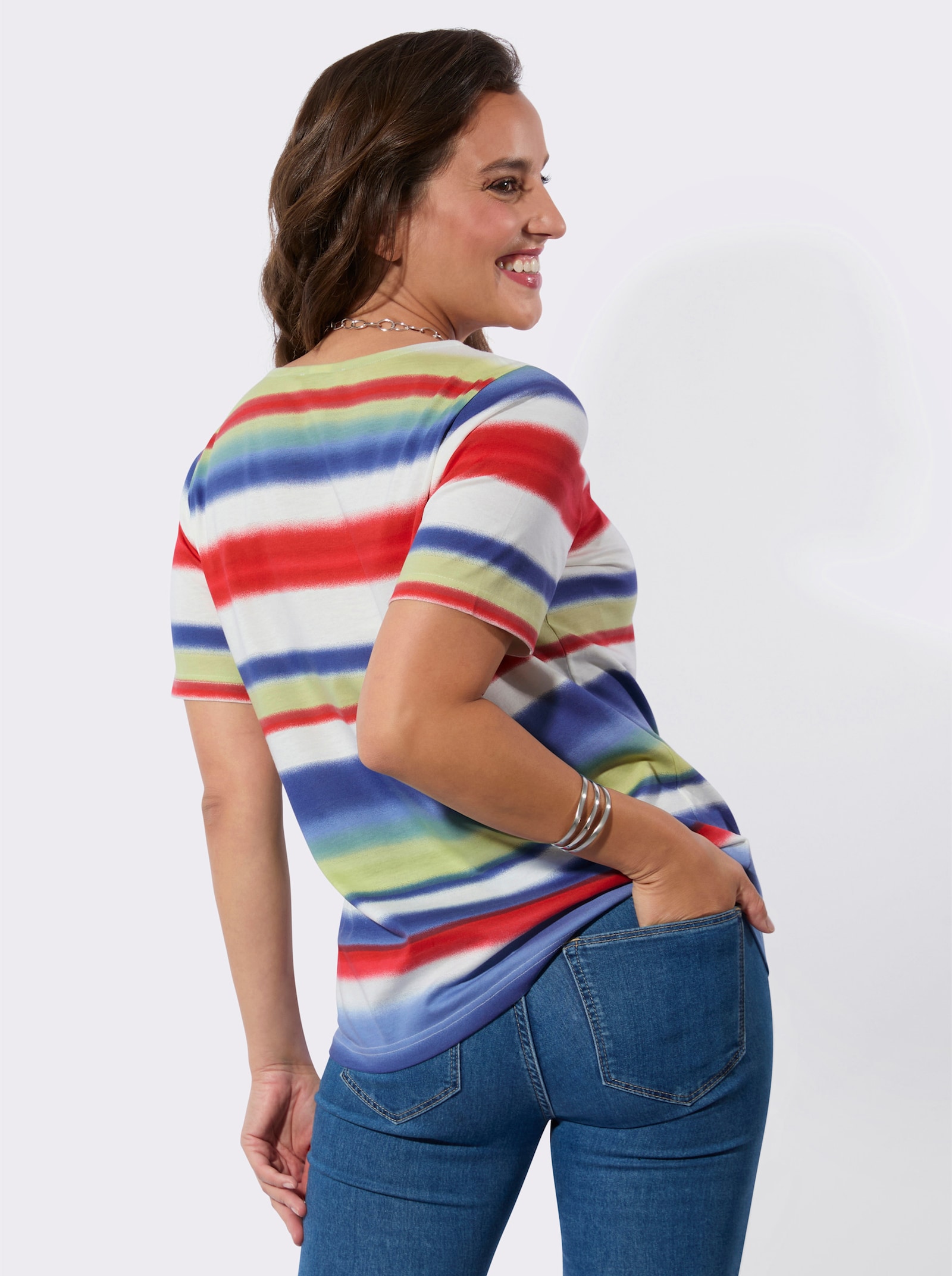 Print-Shirt im Ringel-Dessin - jeansblau-rot-bedruckt