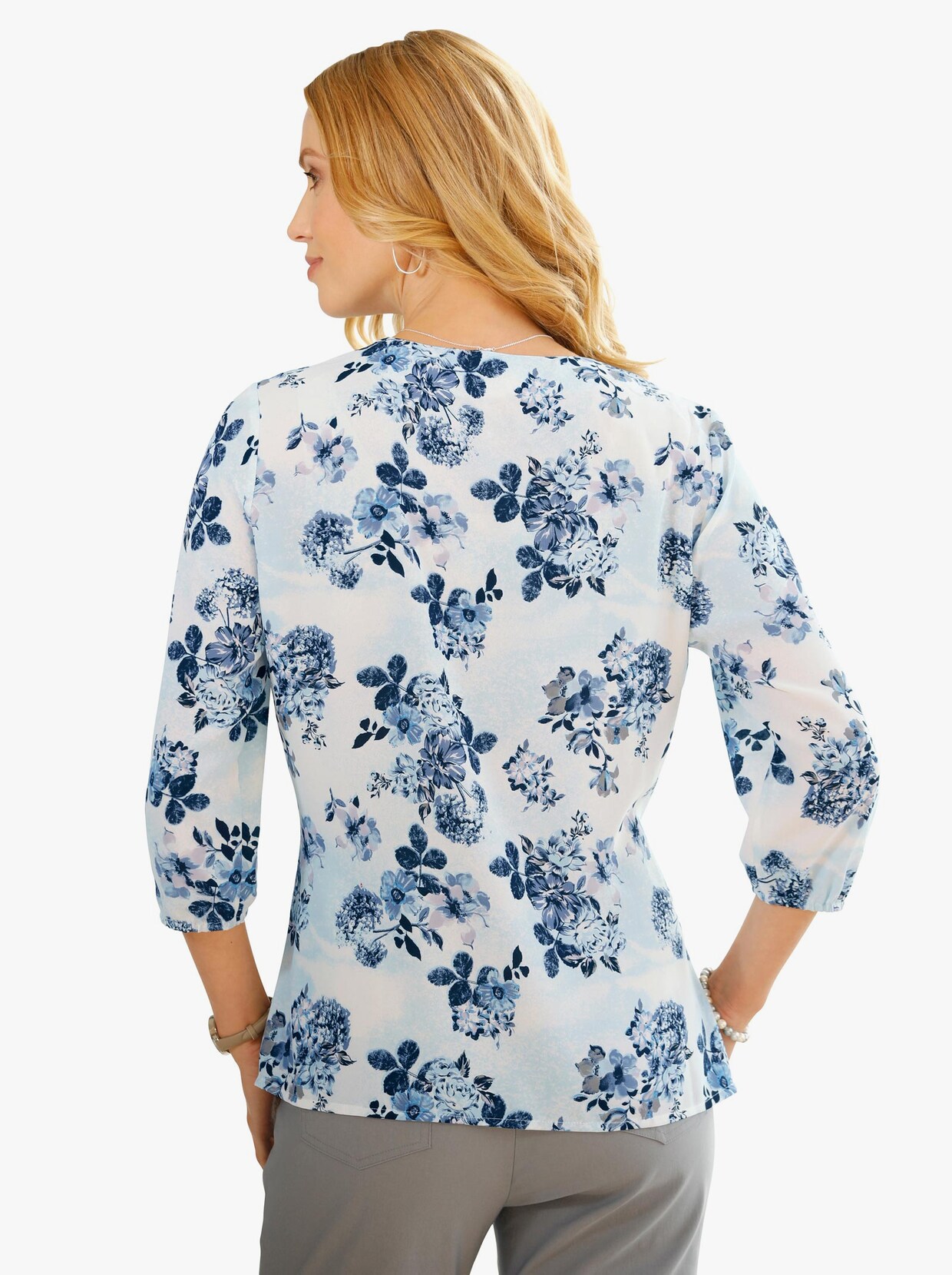 Comfortabele blouse - duivenblauw gedessineerd