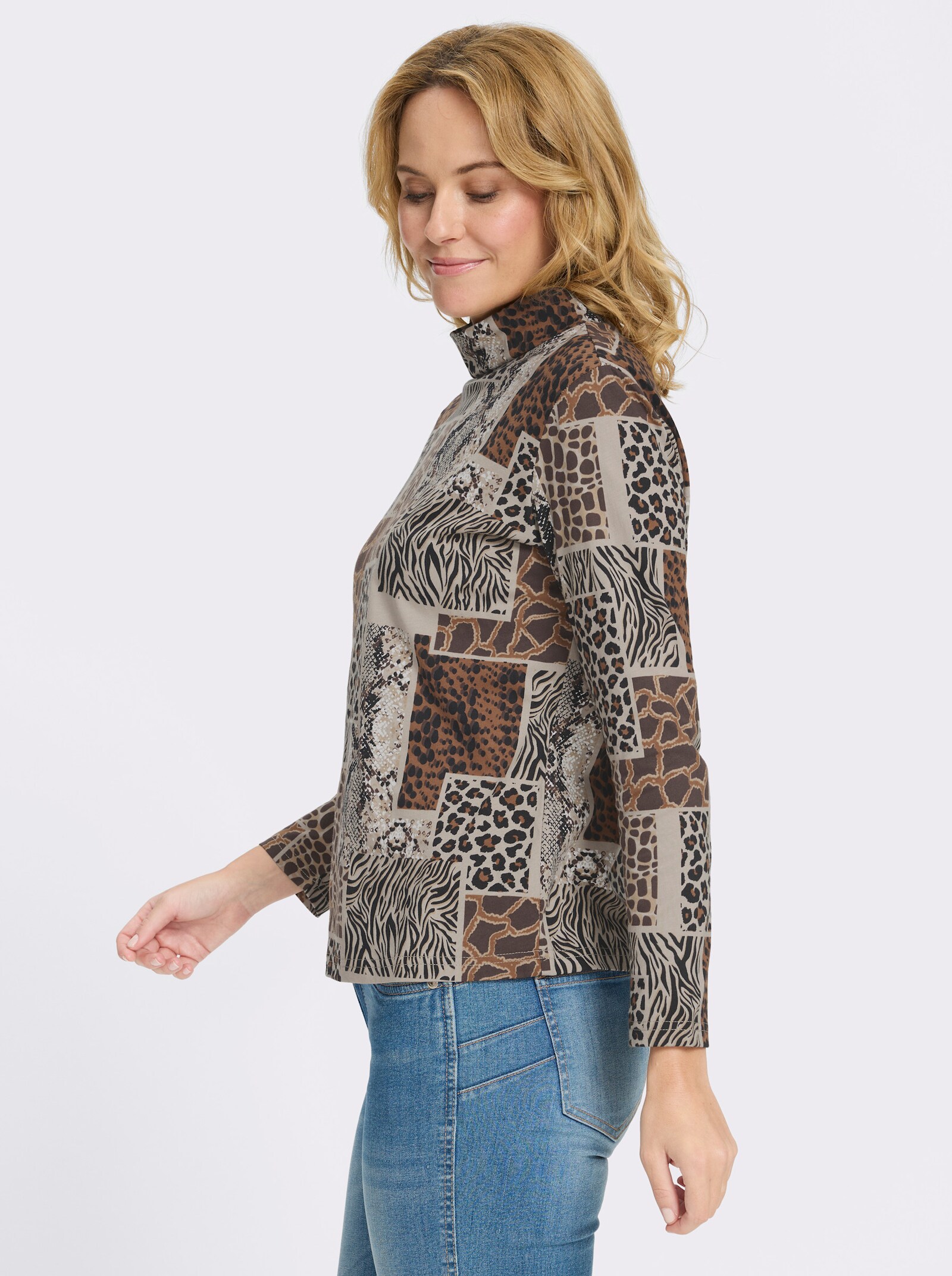 Stehkragenshirt mit Patchwork-Animal-Print - beige-schwarz-bedruckt