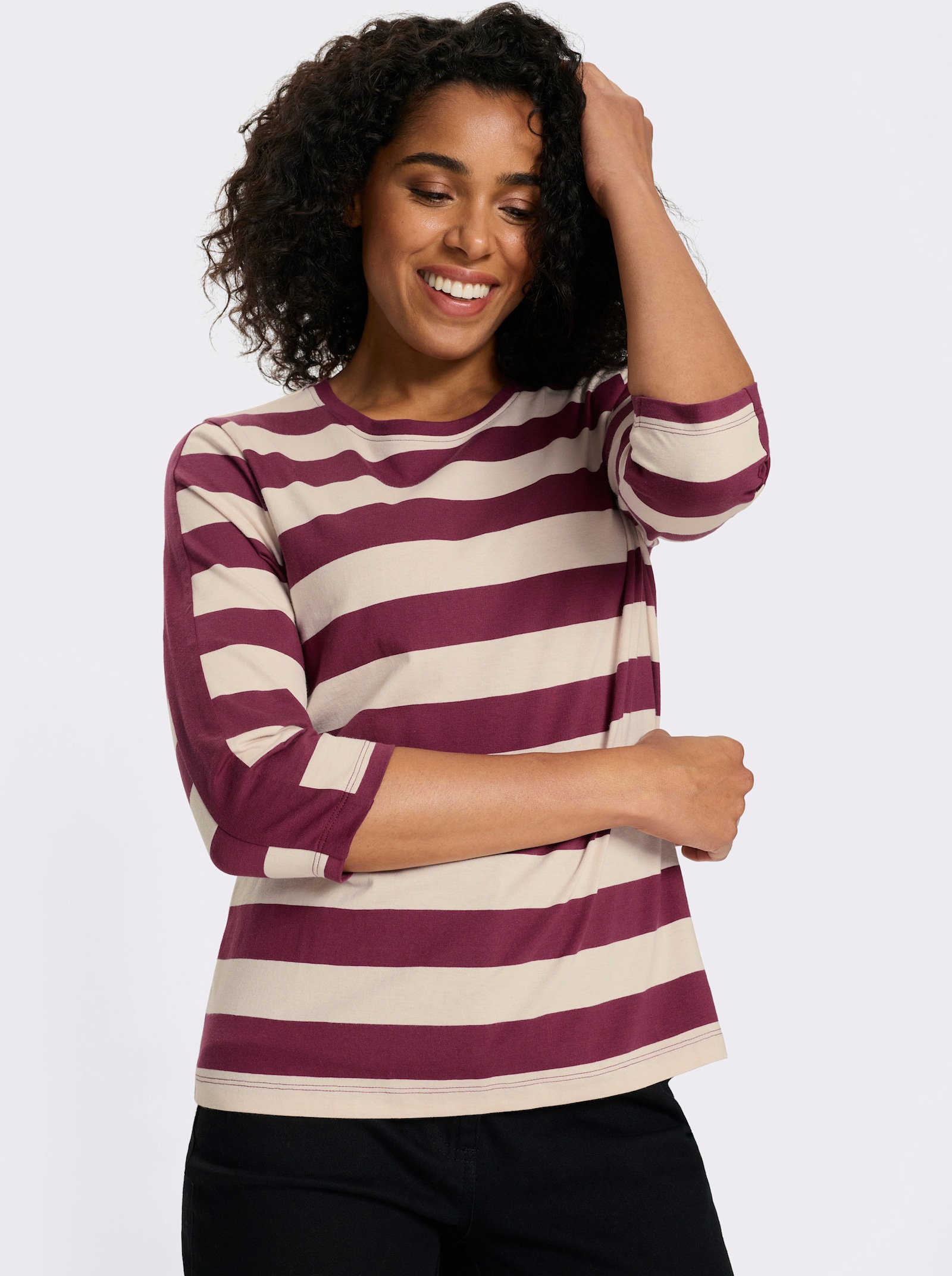 3/4-Arm-Shirt mit garngefärbten Streifen - bordeaux-elfenbein-gestreift