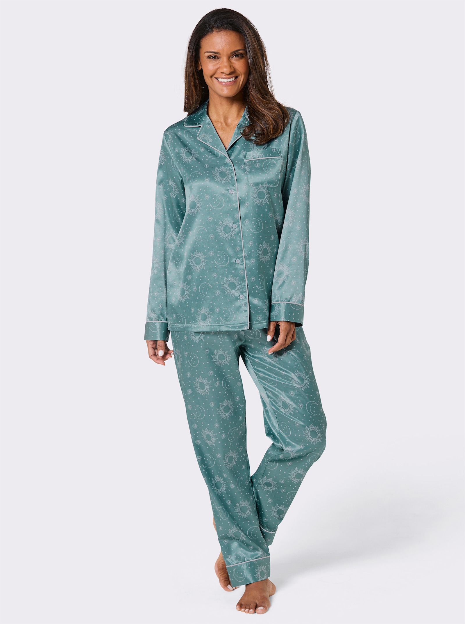 wäschepur Pyjama aus Satin - salbei-ecru-bedruckt